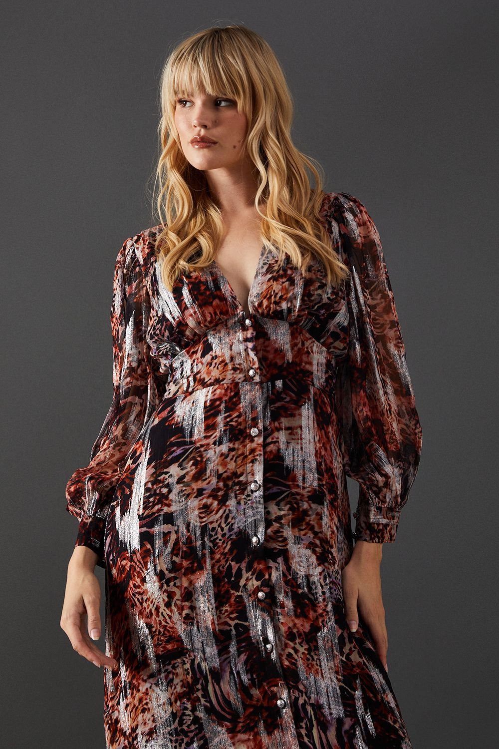 Warehouse Metallic Jacquard Plunge Neck Button Through Midi Dress