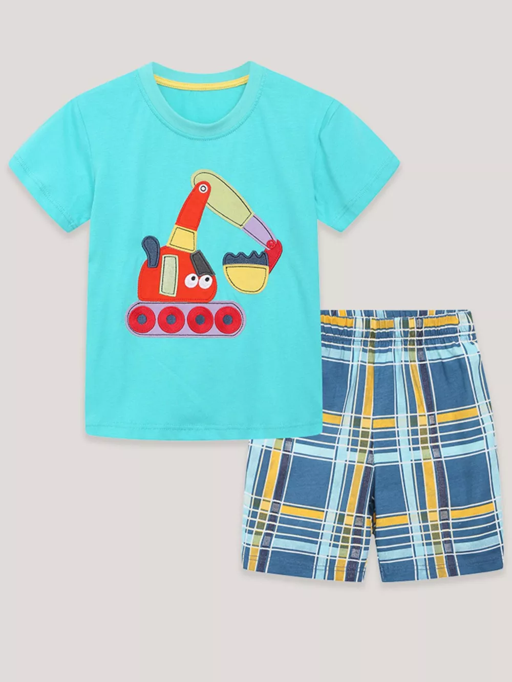 Children's Excavator Short Sleeve Tee and Plaid Shorts Set