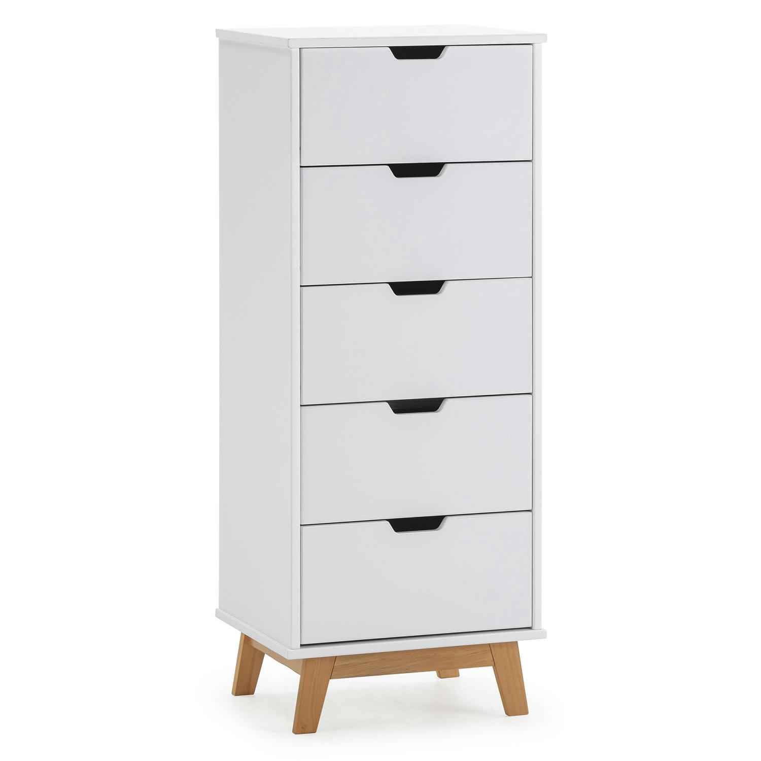 MIRANDA - chifonnier avec 5 tirois en couleur blanc, pieds en bois naturel