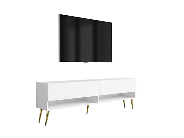 Meuble TV 170 cm Blanc Mat, pieds obliques dorés, 170 x 32 x 52 cm