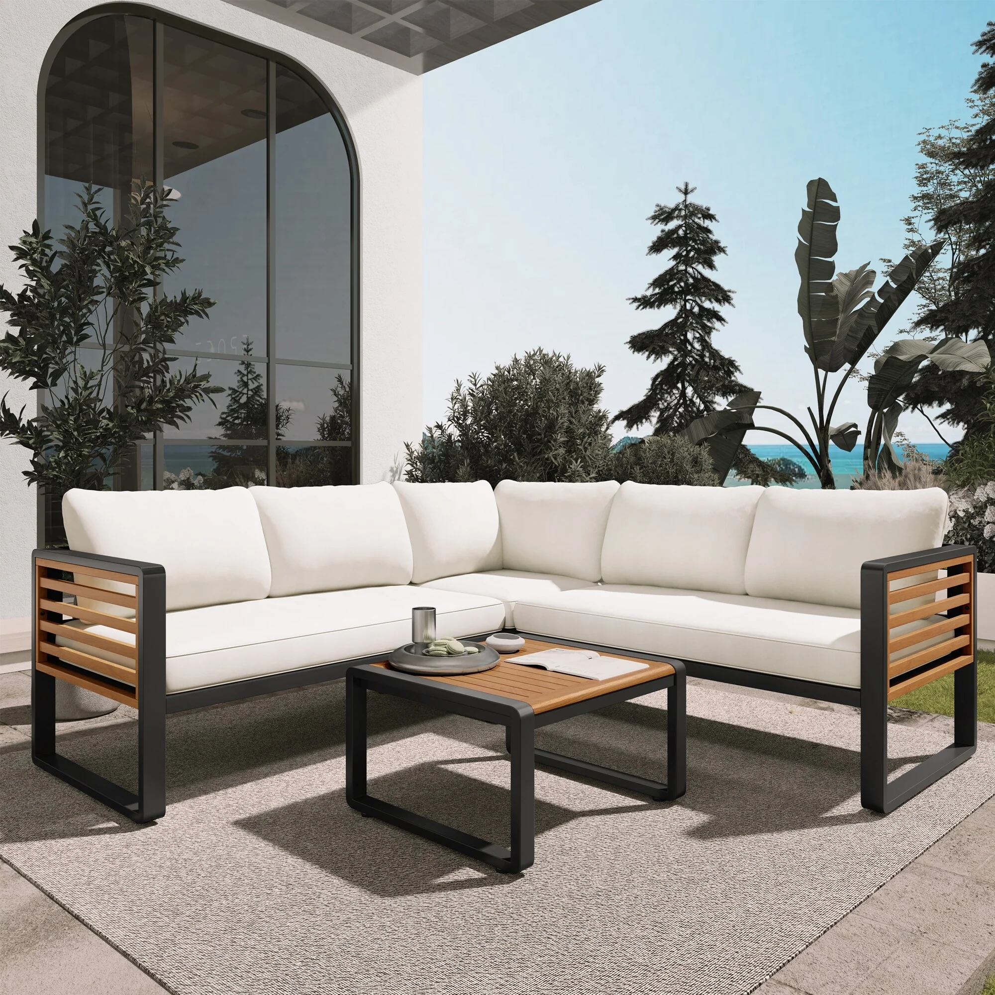 4 Pieces Outdoor Patio Conservation Set, Metal and Wood Frame Sectional L-shaped Sofa with Soft Cushion and a Coffee Tab