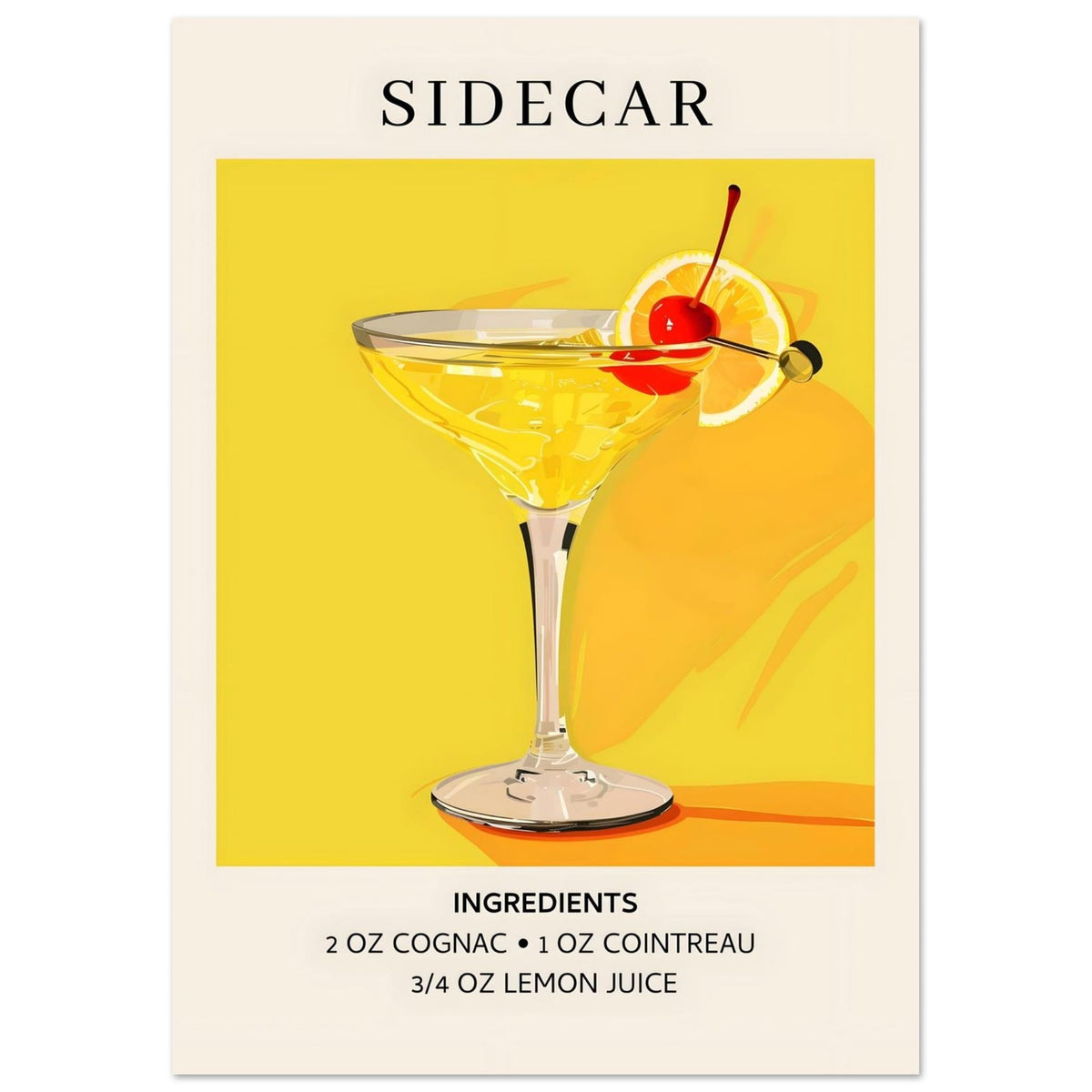 Artfulprints Poster Sidecar cocktail II - Ingrediënten  - A4 21x29.7 cm - Geel