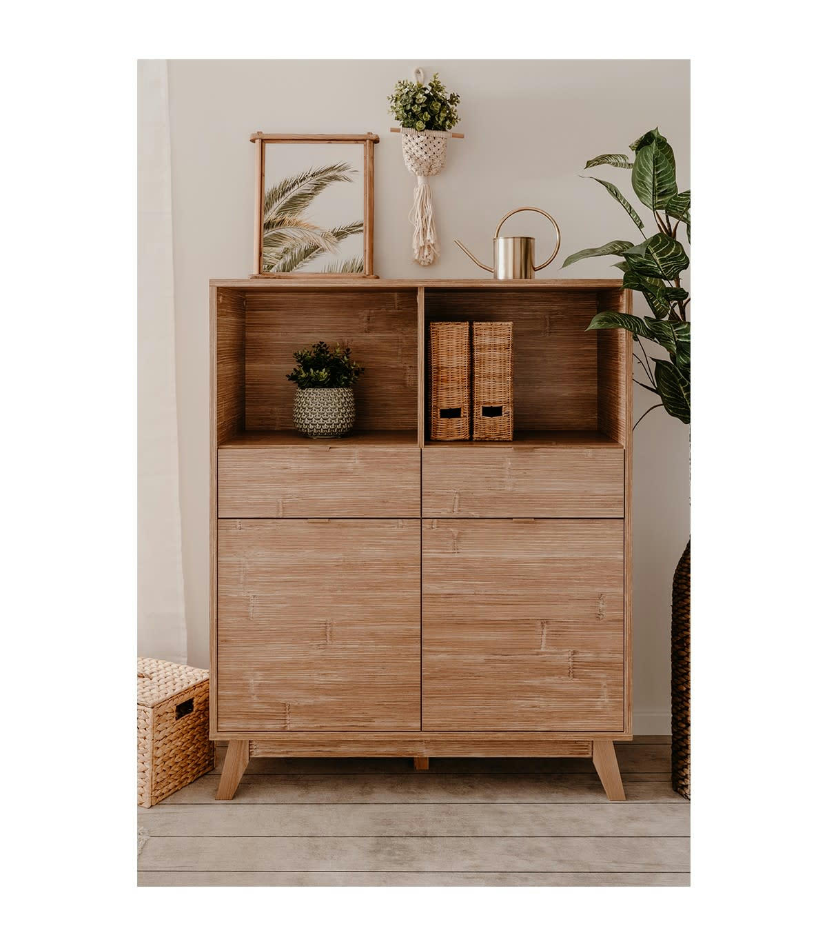 BUDAPEST - Buffet haut 2 portes, 2 tiroirs et 2 niches effet bois L101 x H125 cm