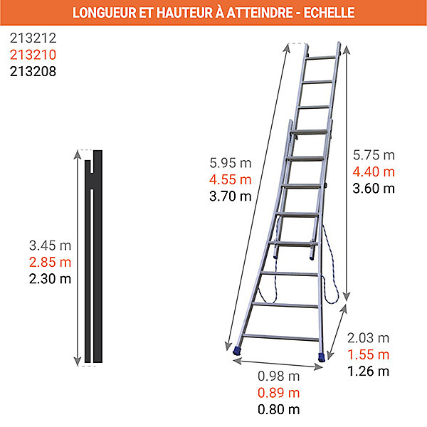 Echelle transformable 2x12 barreaux - Longueur déployée 5.95m - Sol plat ou escalier - 213212