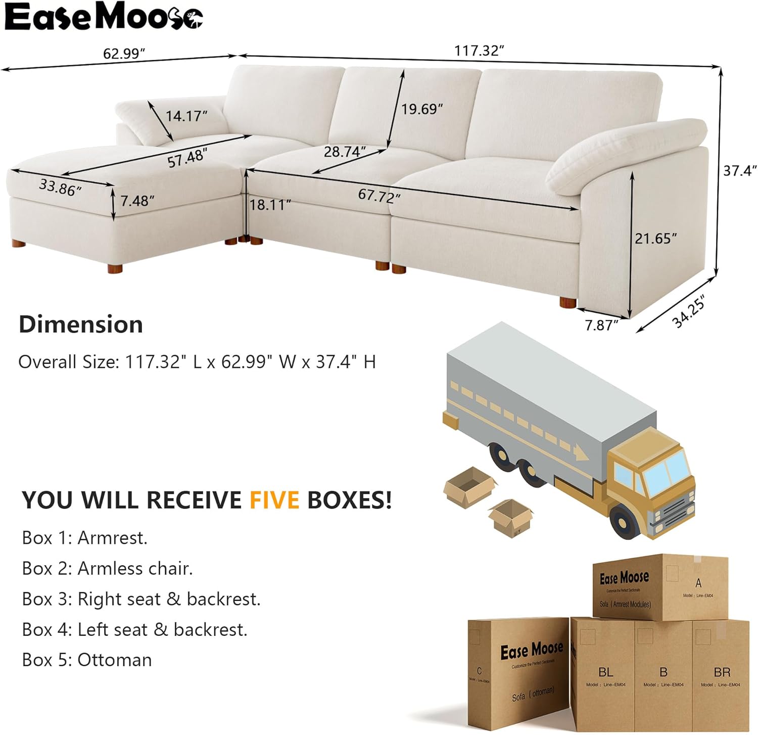 EASE MOOSE Sectional Modular Sofa, Oversized L Shape Sectional Couch Wide Deep seat Sectional Sofa,FSC Certified Comfortable Chenille White Modular Sofa