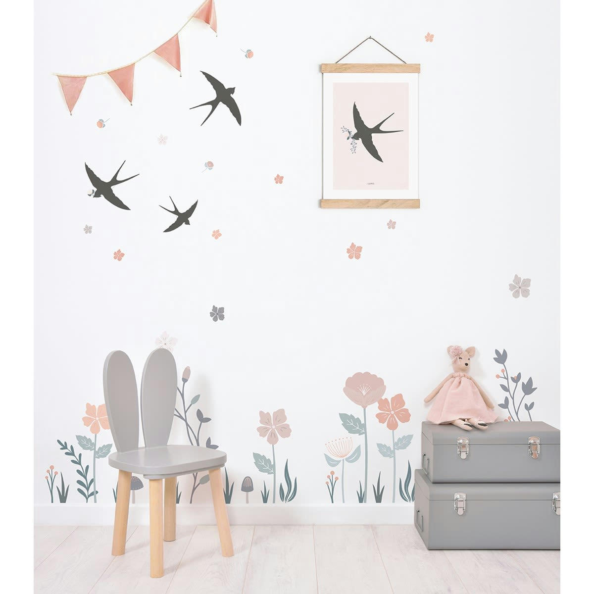 ADÈLE - Stickers Adèle fleurs et hirondelles (29,7 x 42 cm)