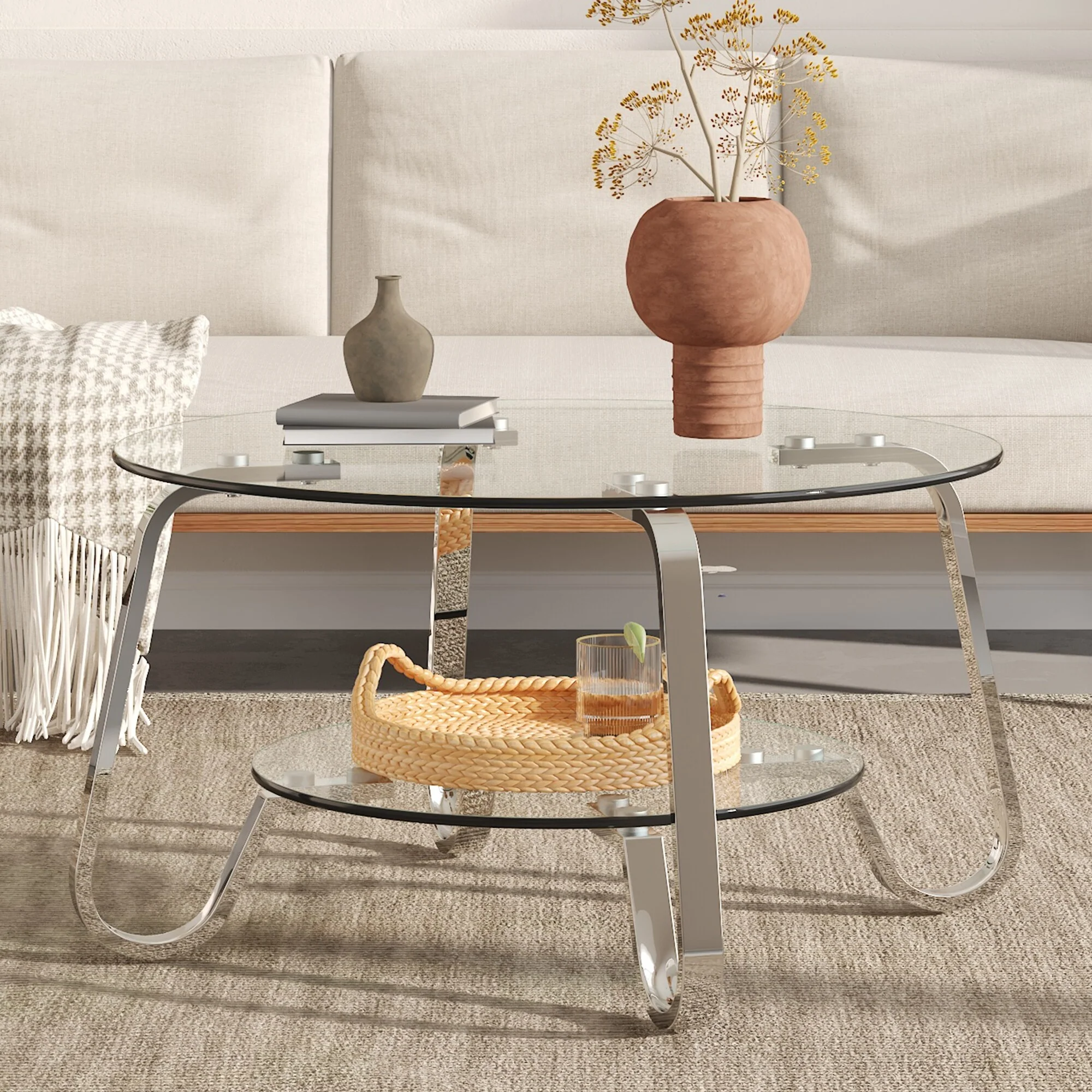 Retro Minimalist Coffee Table – Metal Frame with Double-Layer Tempered Glass (31.5 × 31.5 × 17.7).