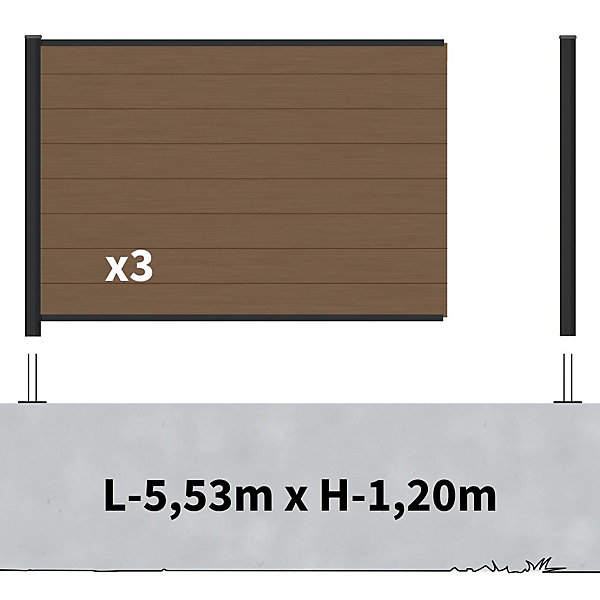 Kit Clôture Composite sur Muret RIO Bronze 5,5x1,2m - Bois composite &Aluminium - Poteaux sur Platines Noir - Brise vue
