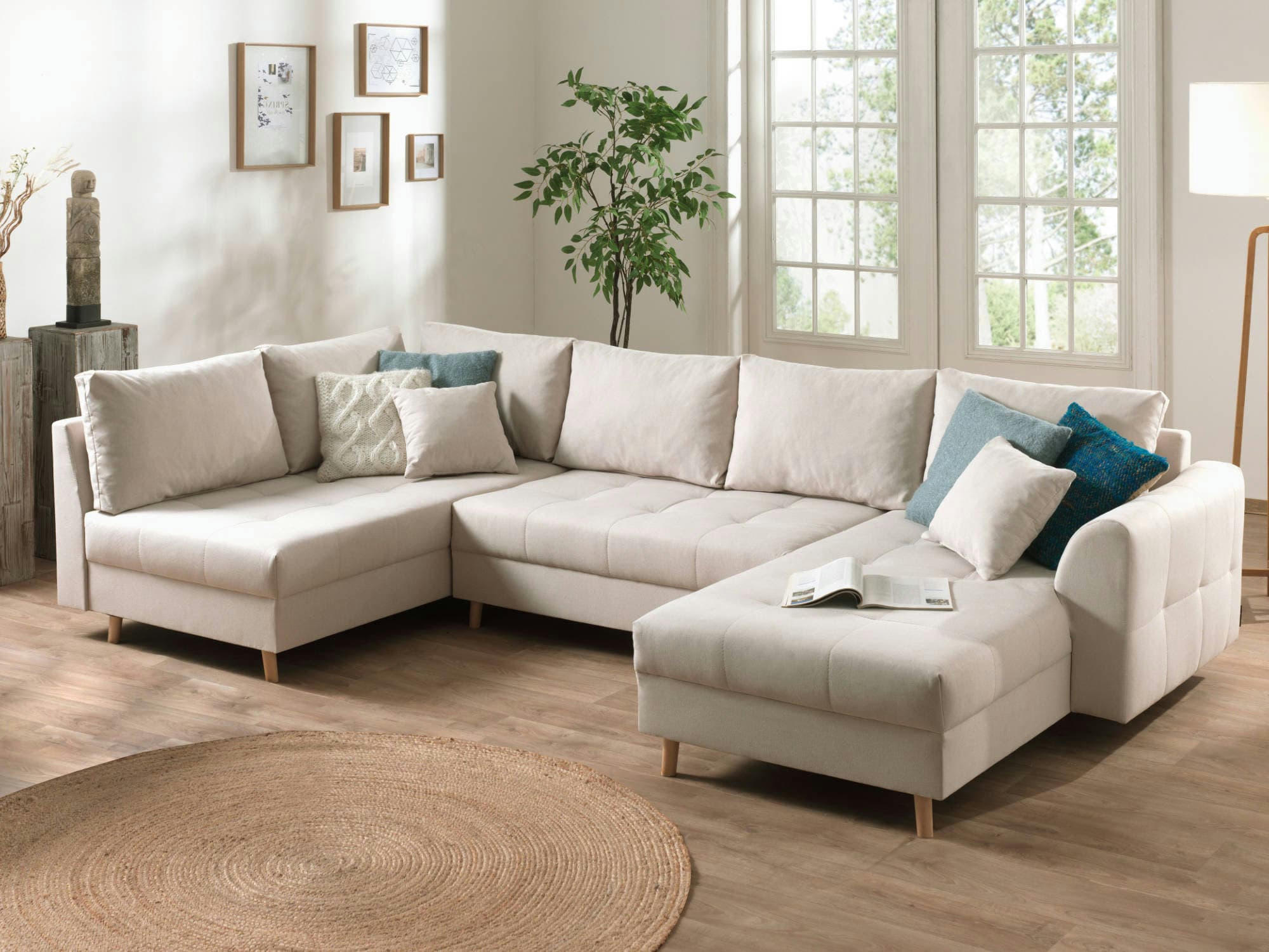 RUNE - Canapé panoramique 7 places angle gauche en tissu beige