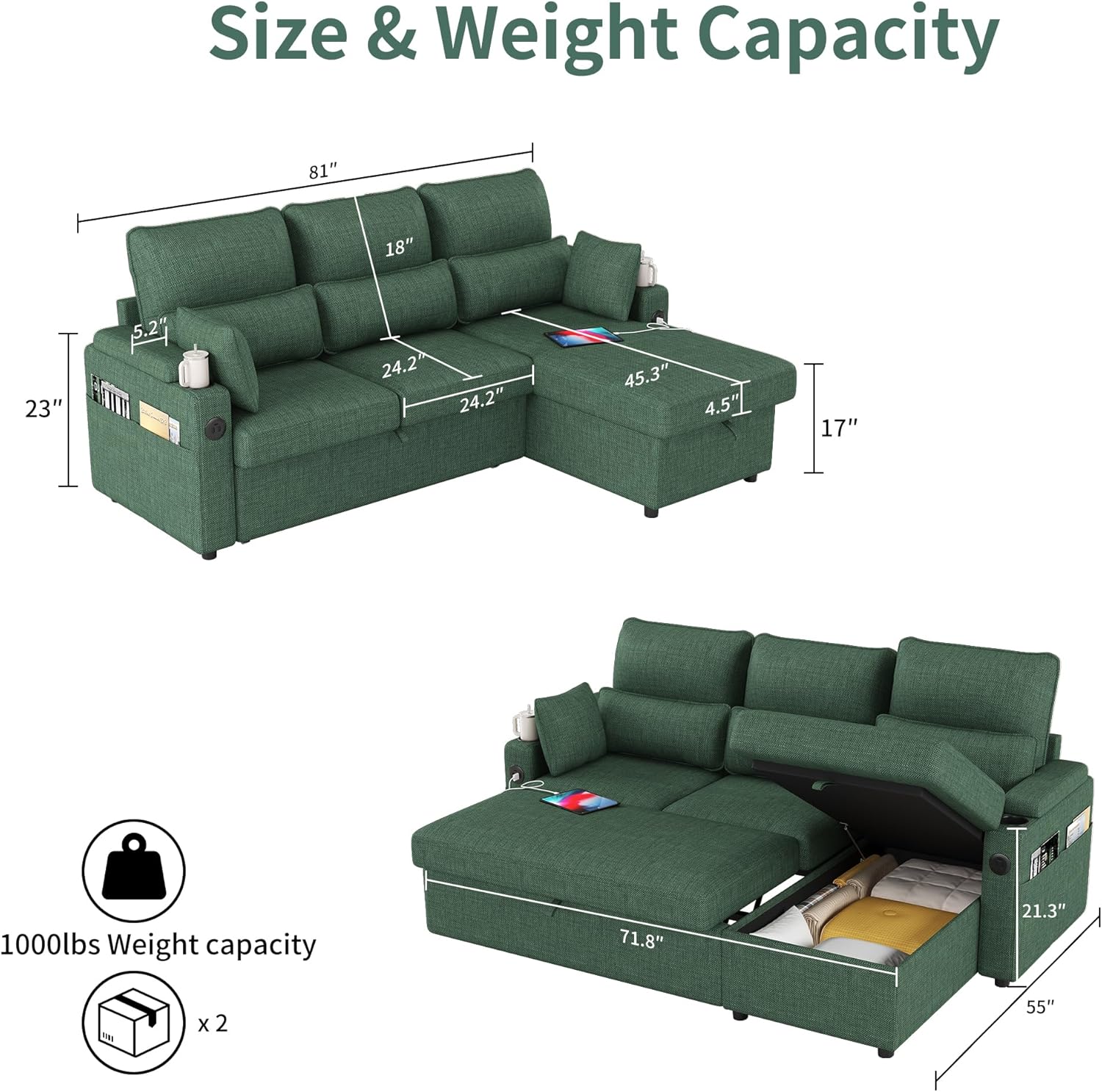 Sectional Sleeper Sofa with Pull Out Couch Bed, with Storage Chaise for Living Room, Comfy Linen Modular Sectional Sofa with Dual USB & Type-C, Cup Holders (Green, 81 Inches)
