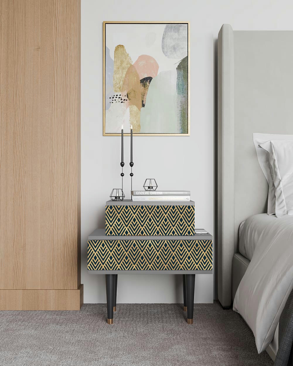 EGYPT TRIANGLES - Table de chevet bleu 2 tiroirs L 58 cm