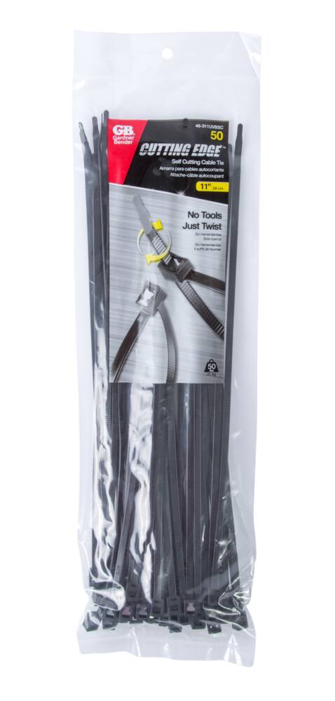 GARDNER BENDER 46-311UVBSC Self-Cutting Cable Ties, Black, 11-in, 50-pk