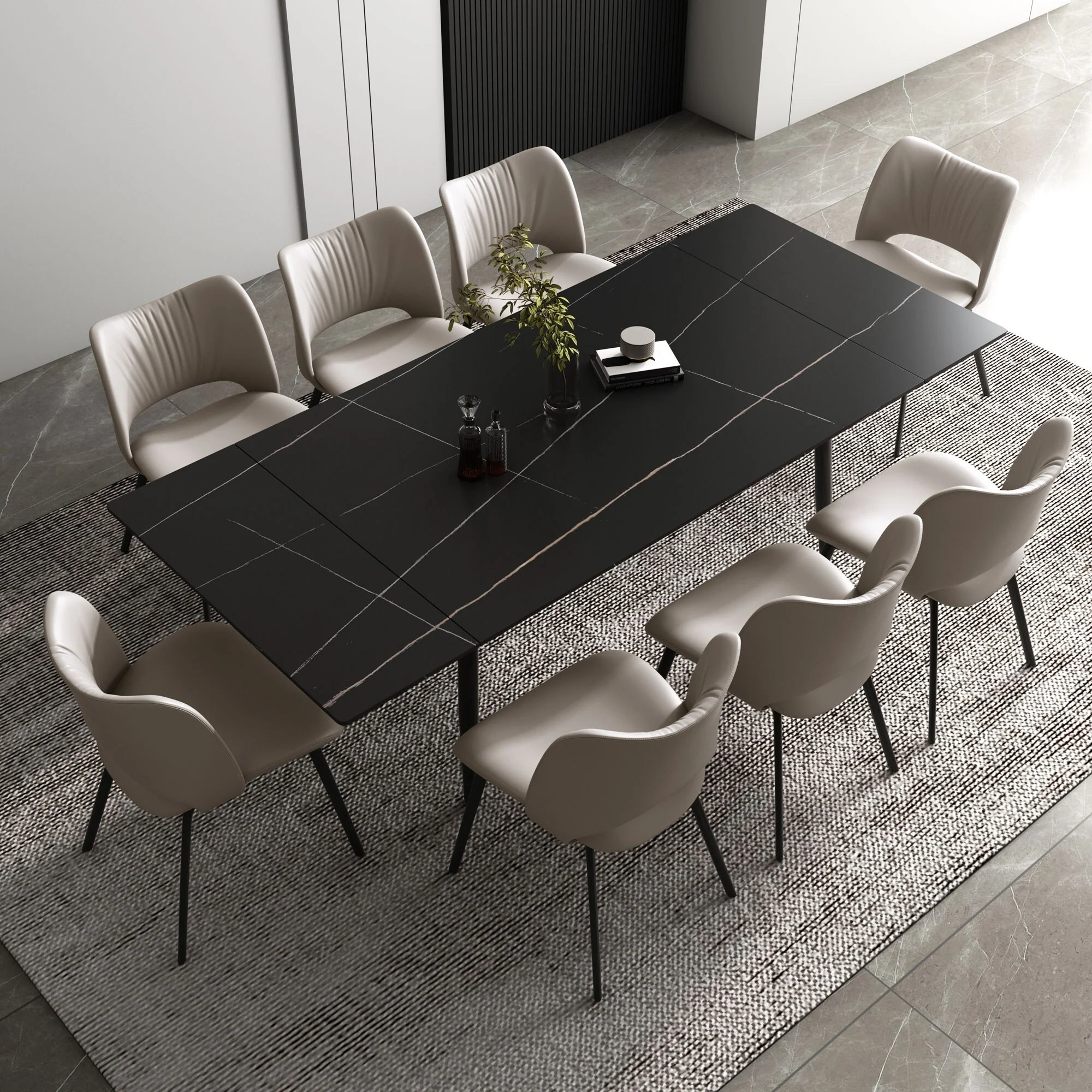 7 Piece 62.9 inch to 94.4 inch Extendable Dining Table Set with Sintered Stone Top 6 Chairs