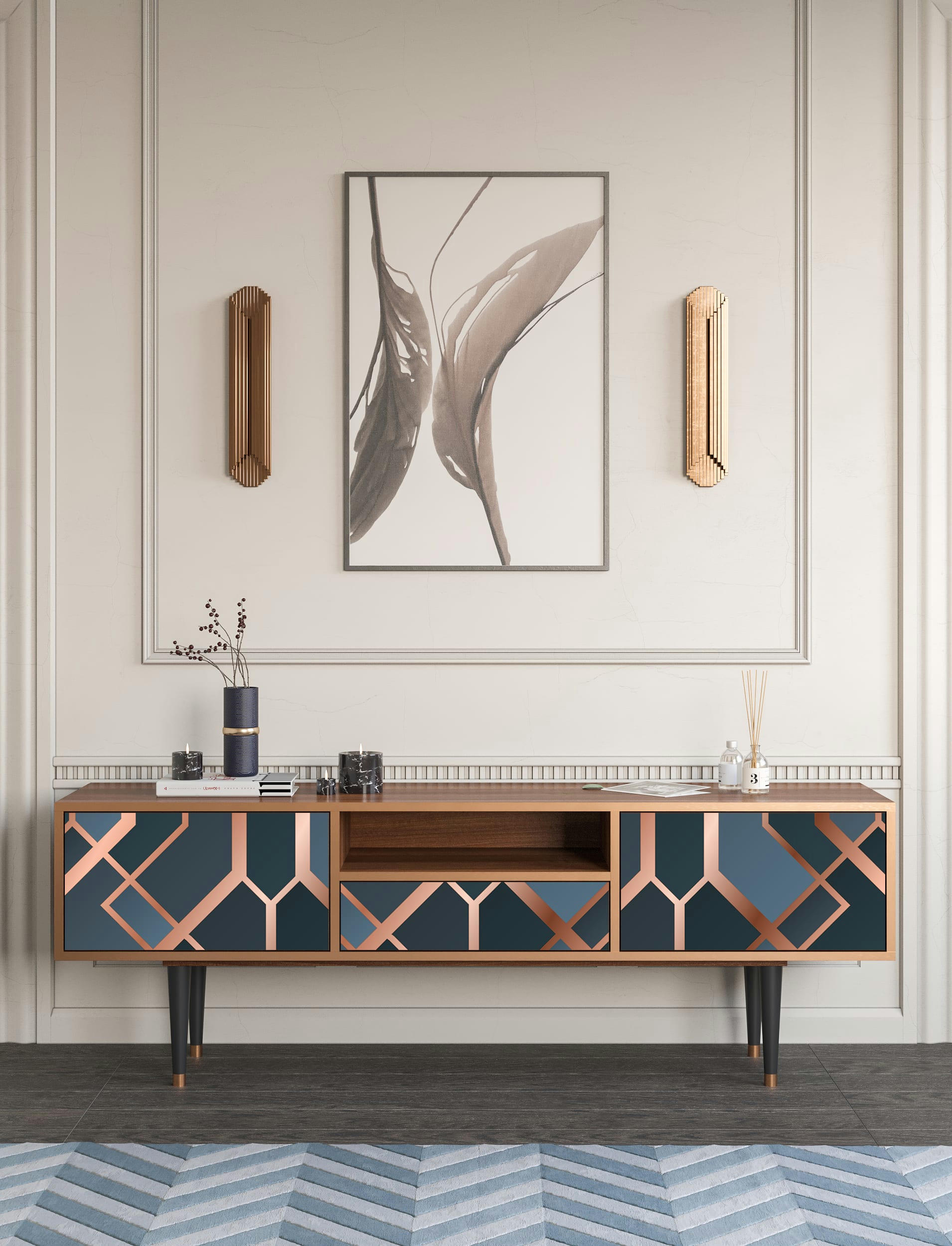 ASHY 1920' - Meuble TV  bleu-vert 1 tiroir et 2 portes L 170 cm