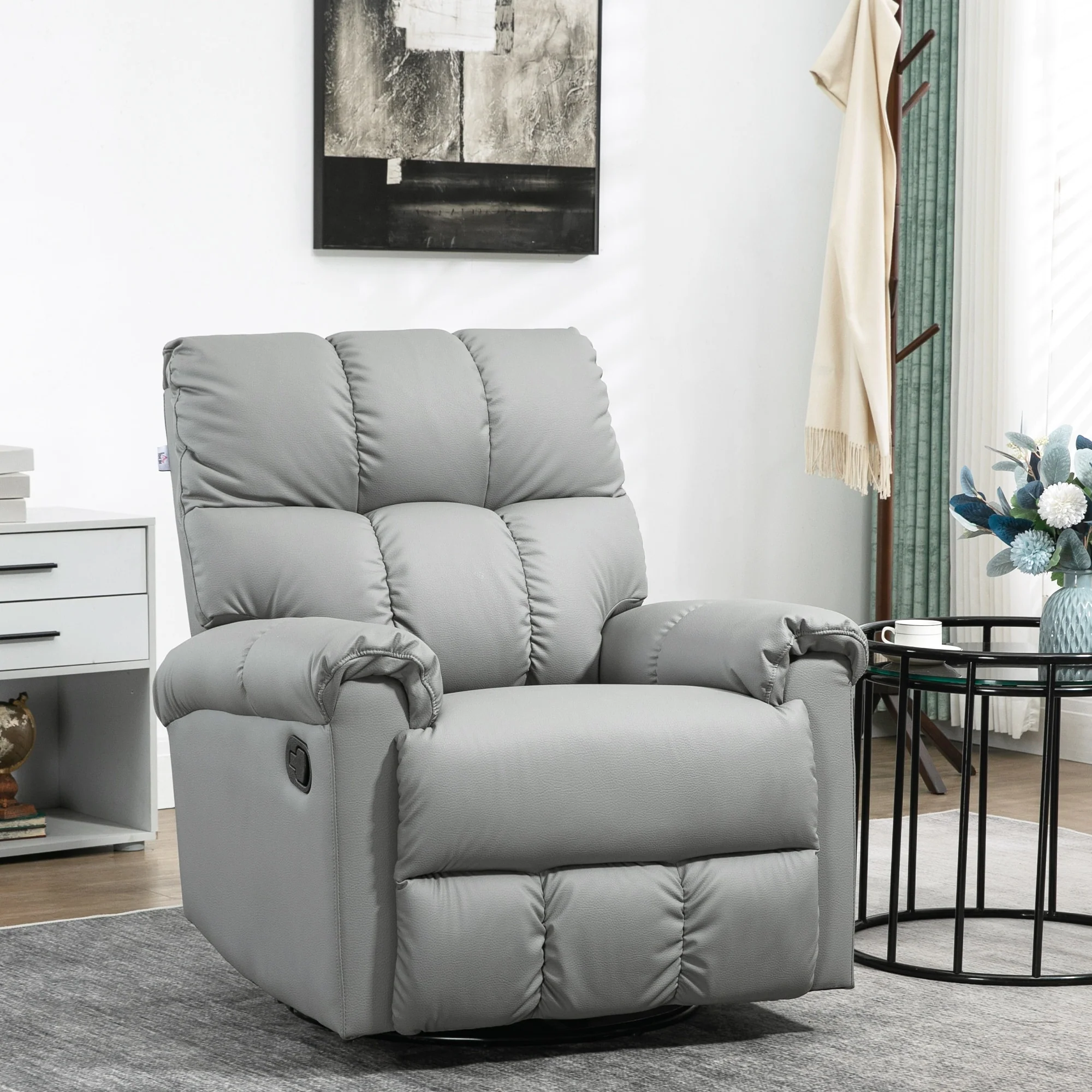 Grey Leather Rocking Recliner with 360° Swivel, Overstuffed Comfort, Footrest, and Manual Reclining Mechanism