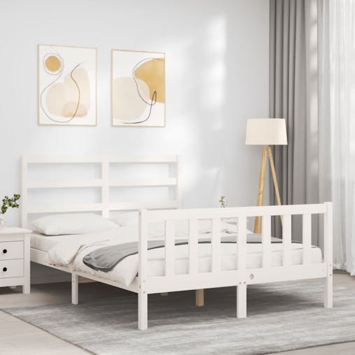NNEVL Bed Frame with Headboard White 137x187 cm Double Solid Wood