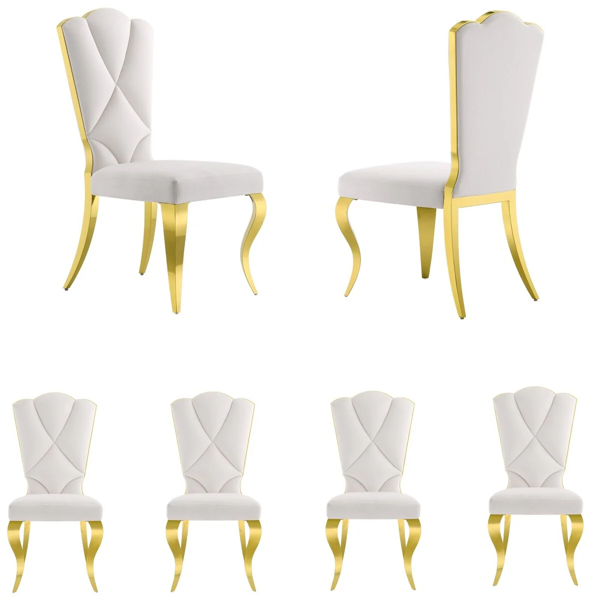 Modern Gorgeous High Back Dining Chairs White Velvet Upholstered Dining Room Chairs with Gold Metal Legs