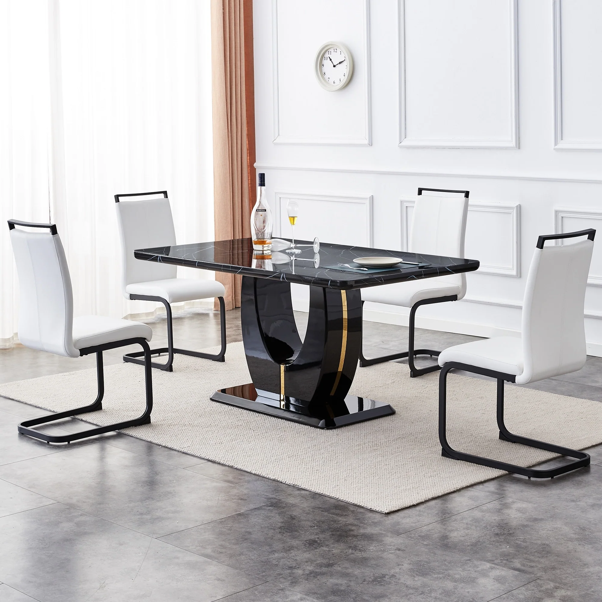 Luxury Faux Marble Dining Table Set with U-Shaped Base, PU Upholstered Chairs with Arched Metal Legs
