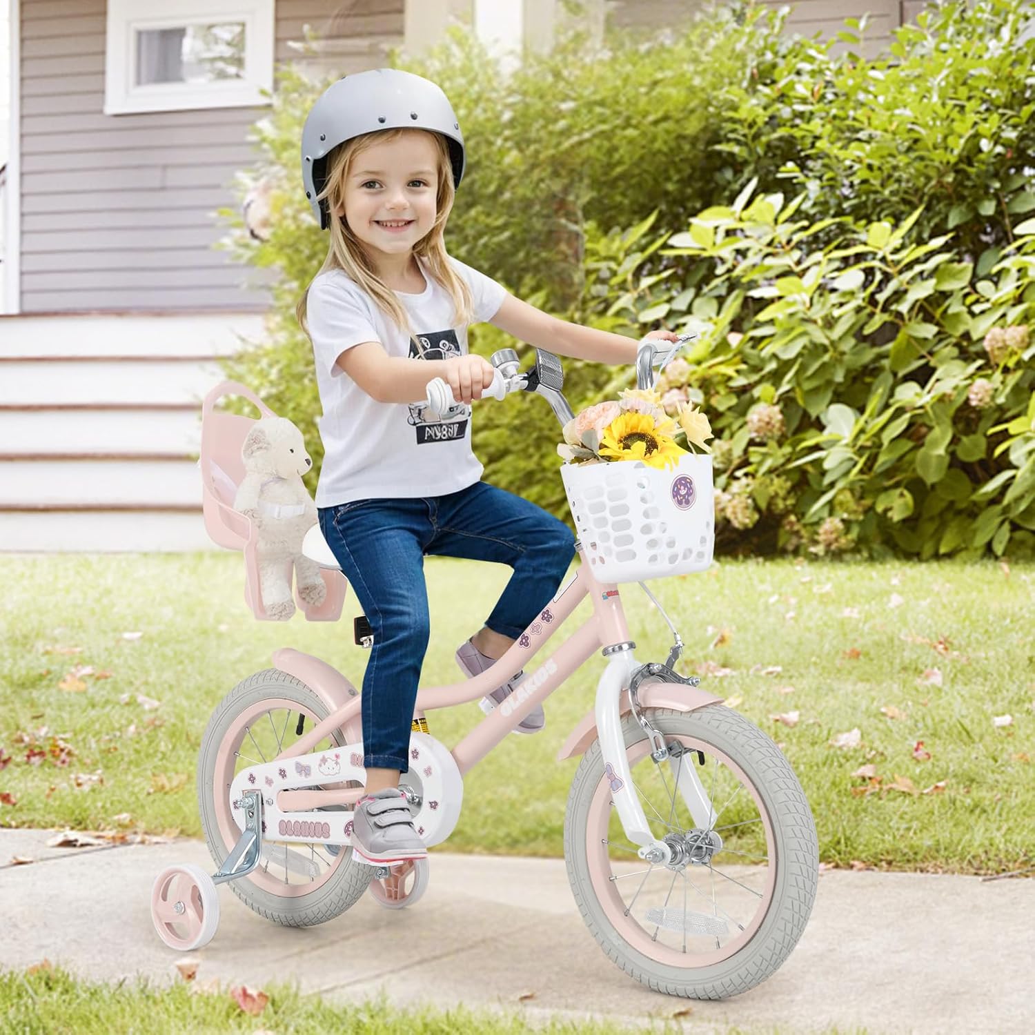 Olakids Kids Bike, 12 14 16 18 20 Inch Toddlers Bike with Doll Seat Basket Adjustable Seat and Handlebar, Handbrake and Coaster Brake, Children's Bicycle for Girls