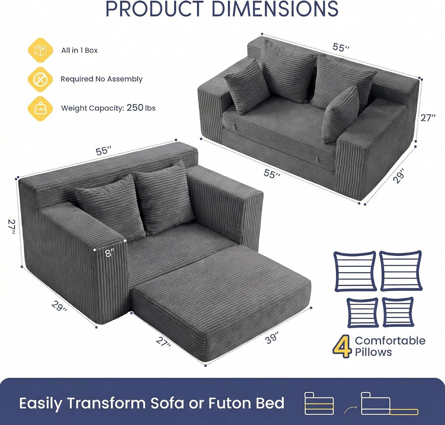 Boneless Couch Loveseat Sleeper, Convertible Sofa Bed Folding Couch Bed Foldable, 2 in 1 Boneless Chair Bed & Futon Sofa Bed, Small Pull Out Sofa with 4 Pillows for Living Room, Grey | No Assembly, Convertible, 2 in 1, Pull Out Handle, 4 Pillows
