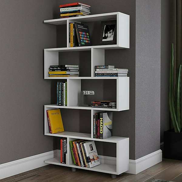 Bibliothèque Hamal, Etagère de bureau, Porte-livre mobile, Librairie, 90x20h156 cm, Blanc