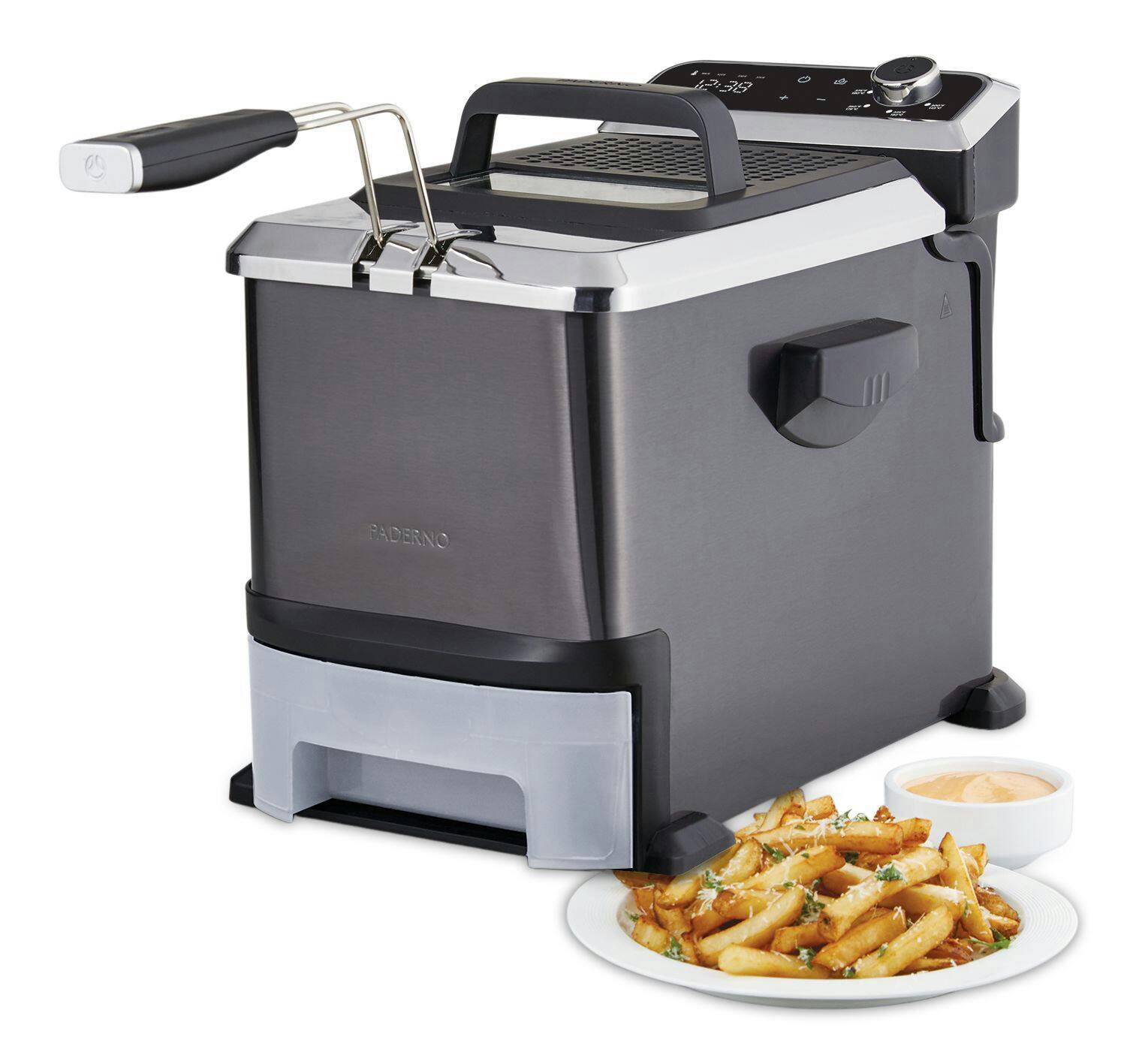 PADERNO Auto-Drain Deep Fryer w/ Digital Display & Oil Filter, Black Stainless Steel, 3.5L
