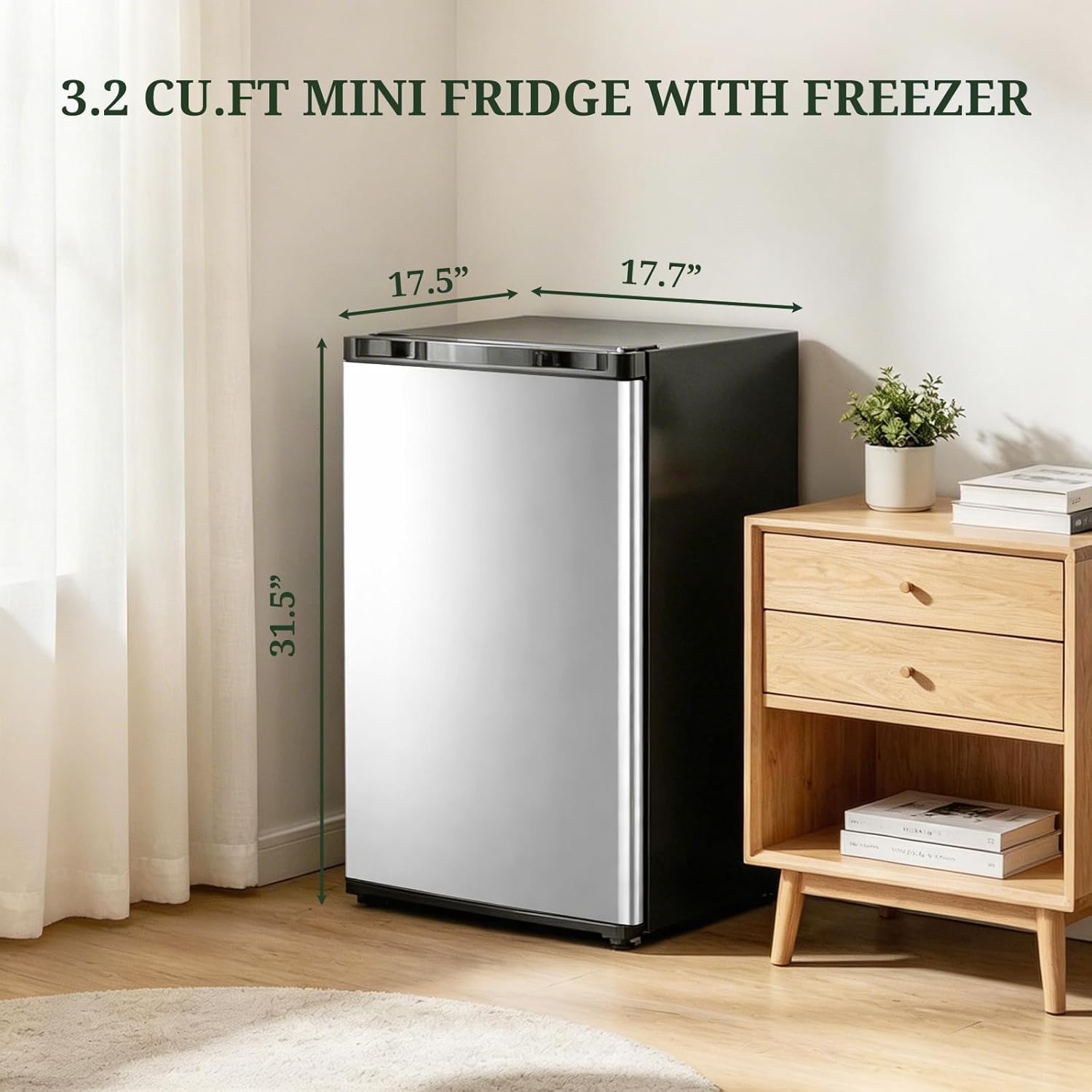 Mini Fridge with Freezer, 3.2 Cu.Ft Compact Single Door Refrigerator with Adjustable Thermostat, Low Noise & Energy Efficient (0.41kWh/Day), Small Fridge for Bedroom, Dorm, Office, Apartment (Silver)