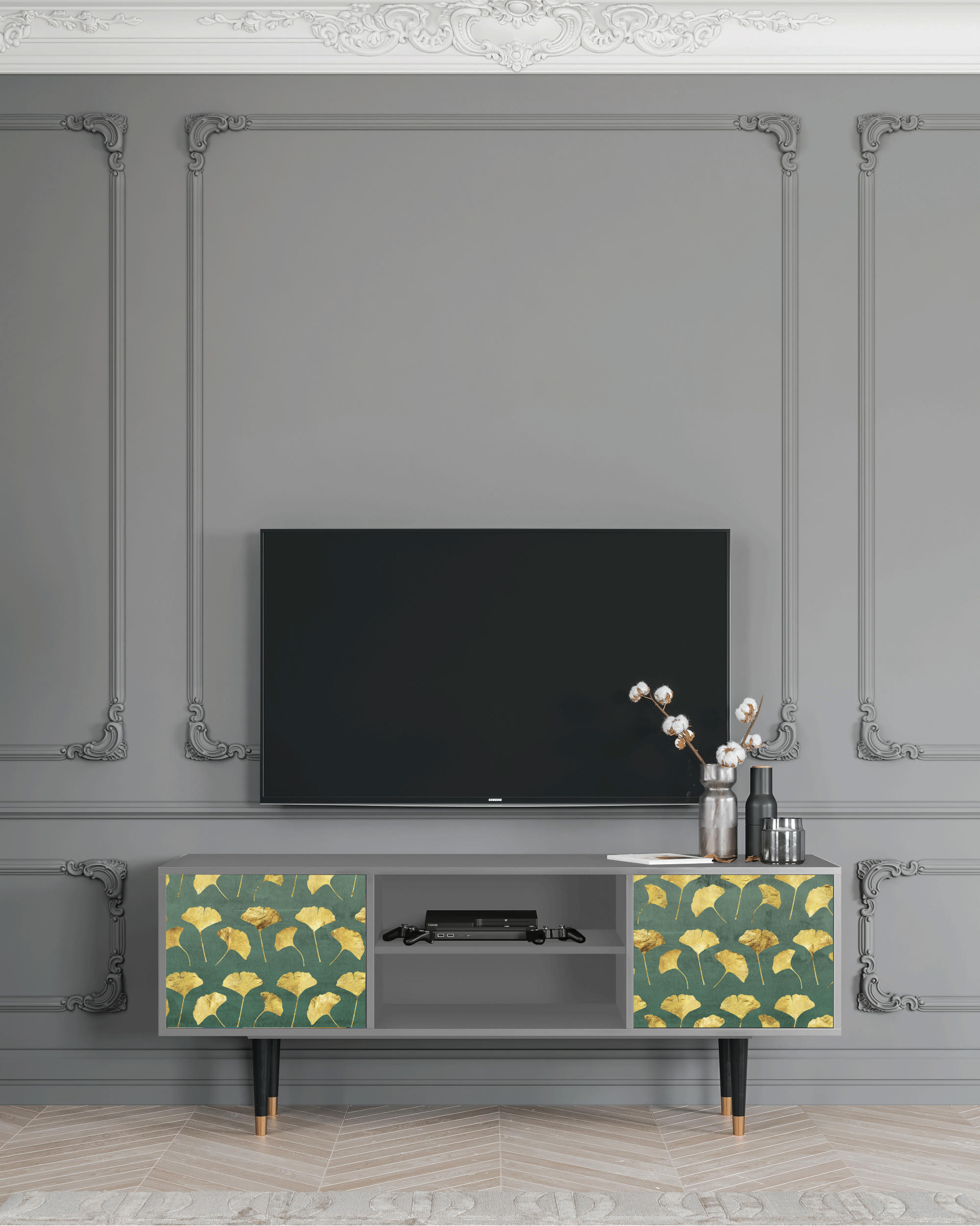 GINGKO LEAVES - Meuble TV  vert et jaune 2 portes L 170 cm