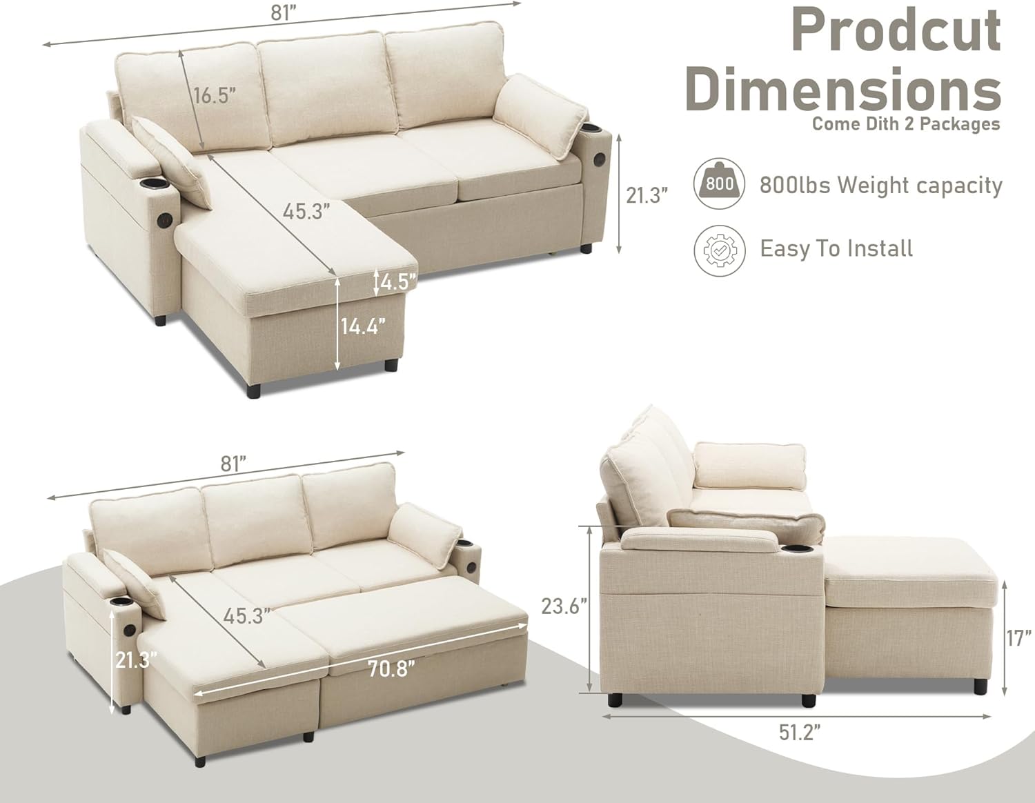 DURASPACE Sofa Bed Sleeper Pull Out 2 in 1 Sectional Sleeper Sofa Couches with Storage,USB, Cup Holder,Pullout Sectional Couches for Apartment Living Room (Beige)