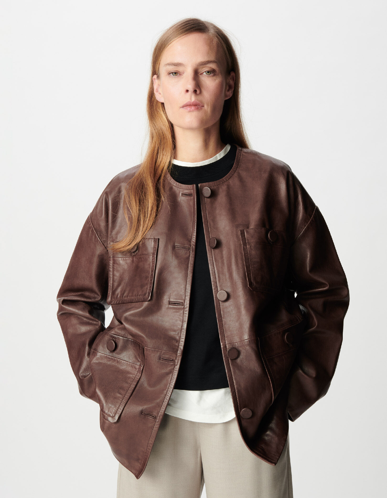 Manteau marron cuir délavé poches plaquées Femme