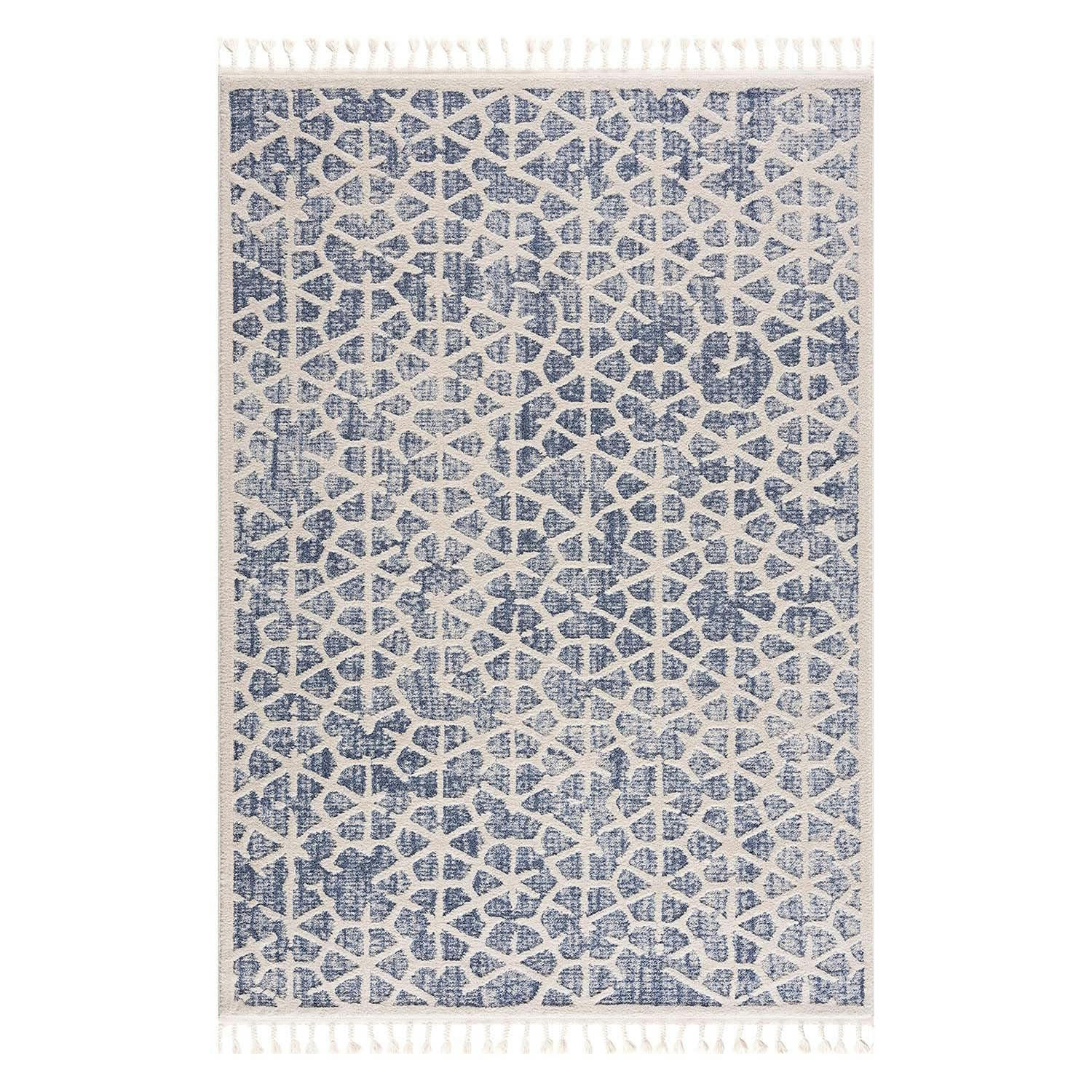 FLÄT - Tapis scandinave à franges tressées bleu et crème 160x230cm