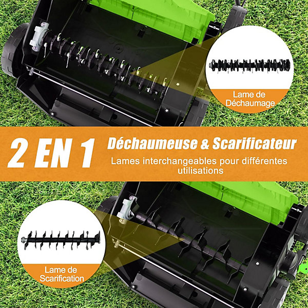 2 en 1 Déchaumeuse Scarificateur Electrique 2000W, 5 Profondeurs,3 Hauteurs de Poignée, 55L Sac de Collecte, pour Pelouse (Vert)
