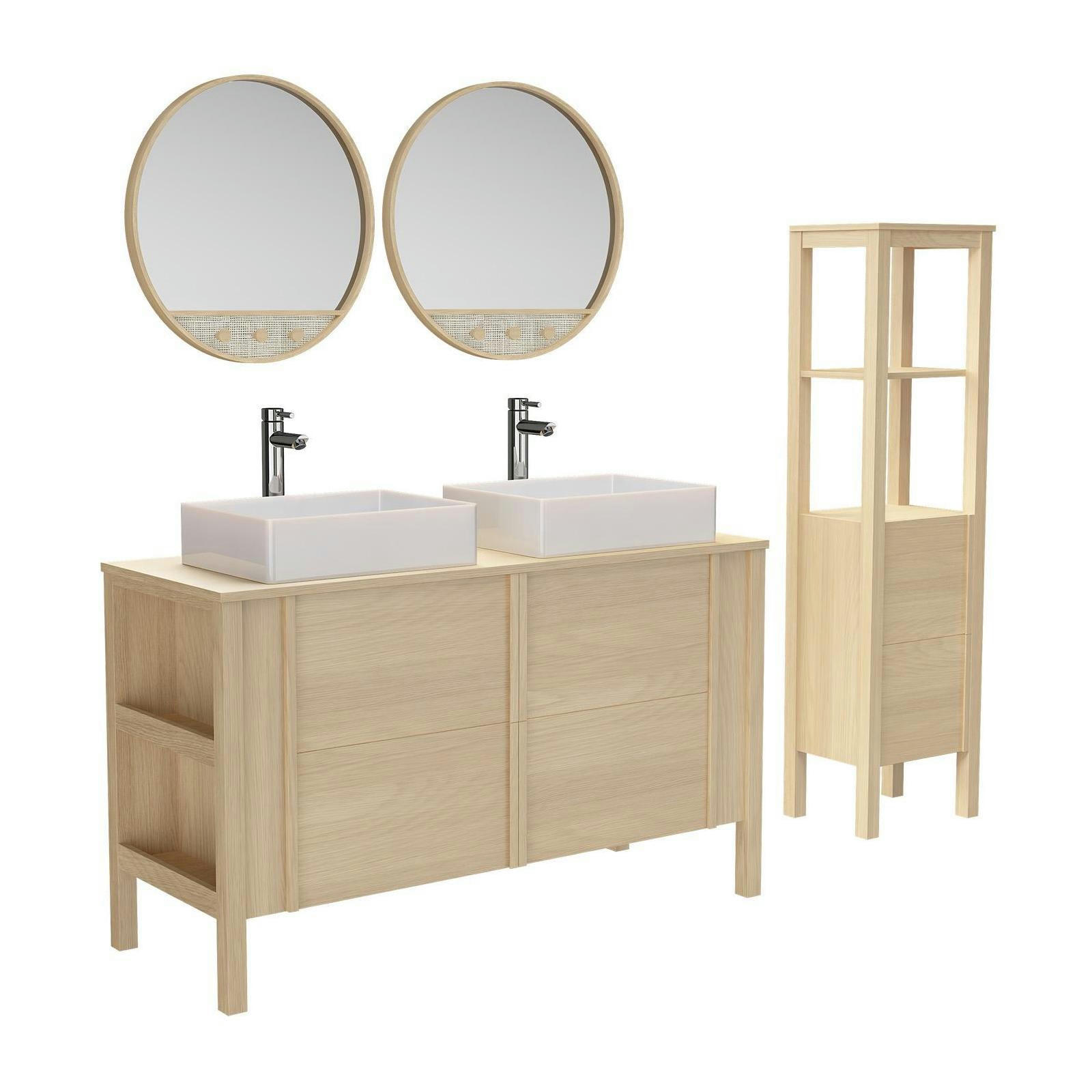 NESTO - Meuble double vasque 130cm chêne  + vasque + robinet + miroir +colonne