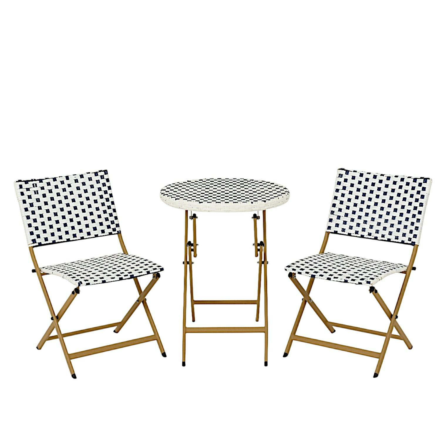 Salon de jardin table ronde   2 chaises résine blanche tressée motifs bleus BISTROT