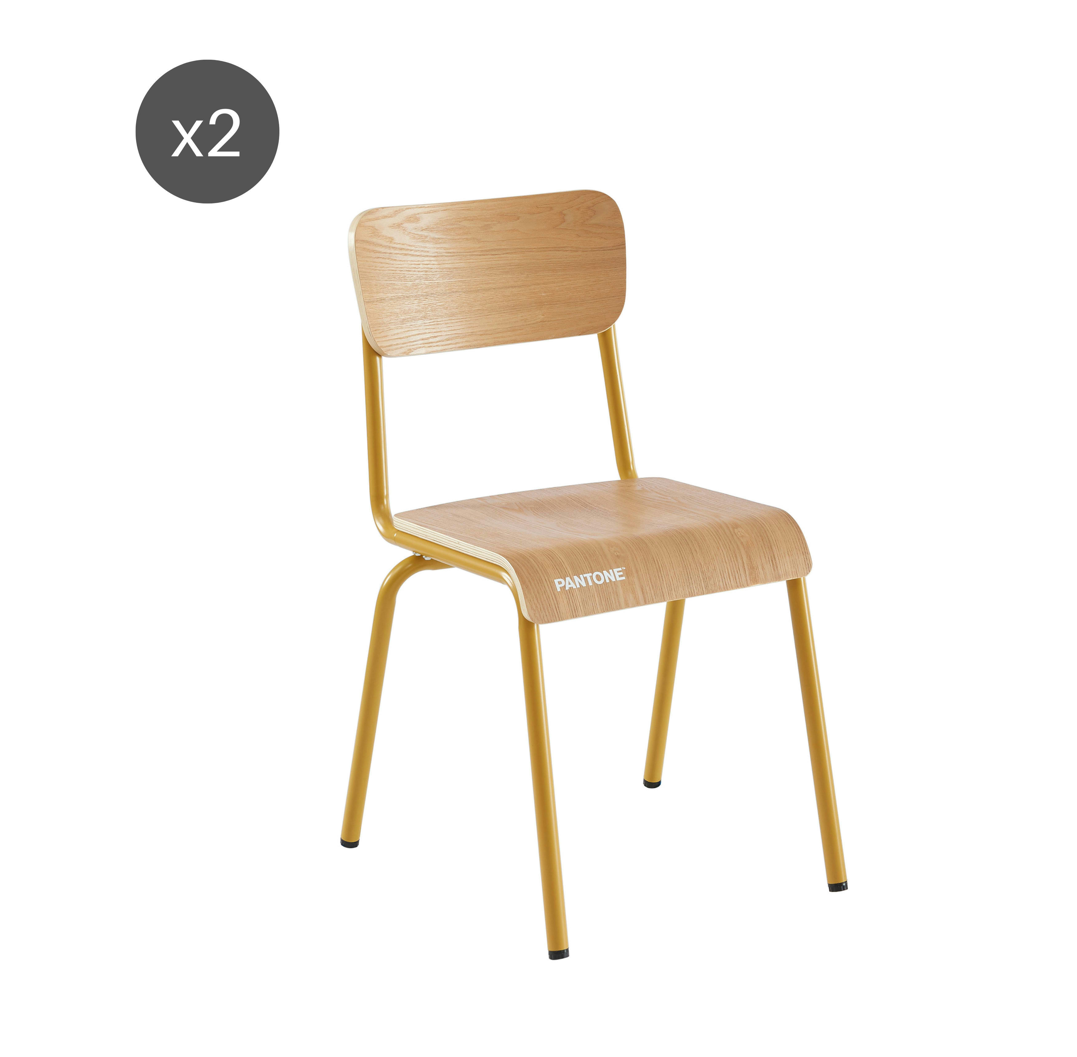 PANTONE - Lot de 2 chaises  jaune moutarde et placage frên