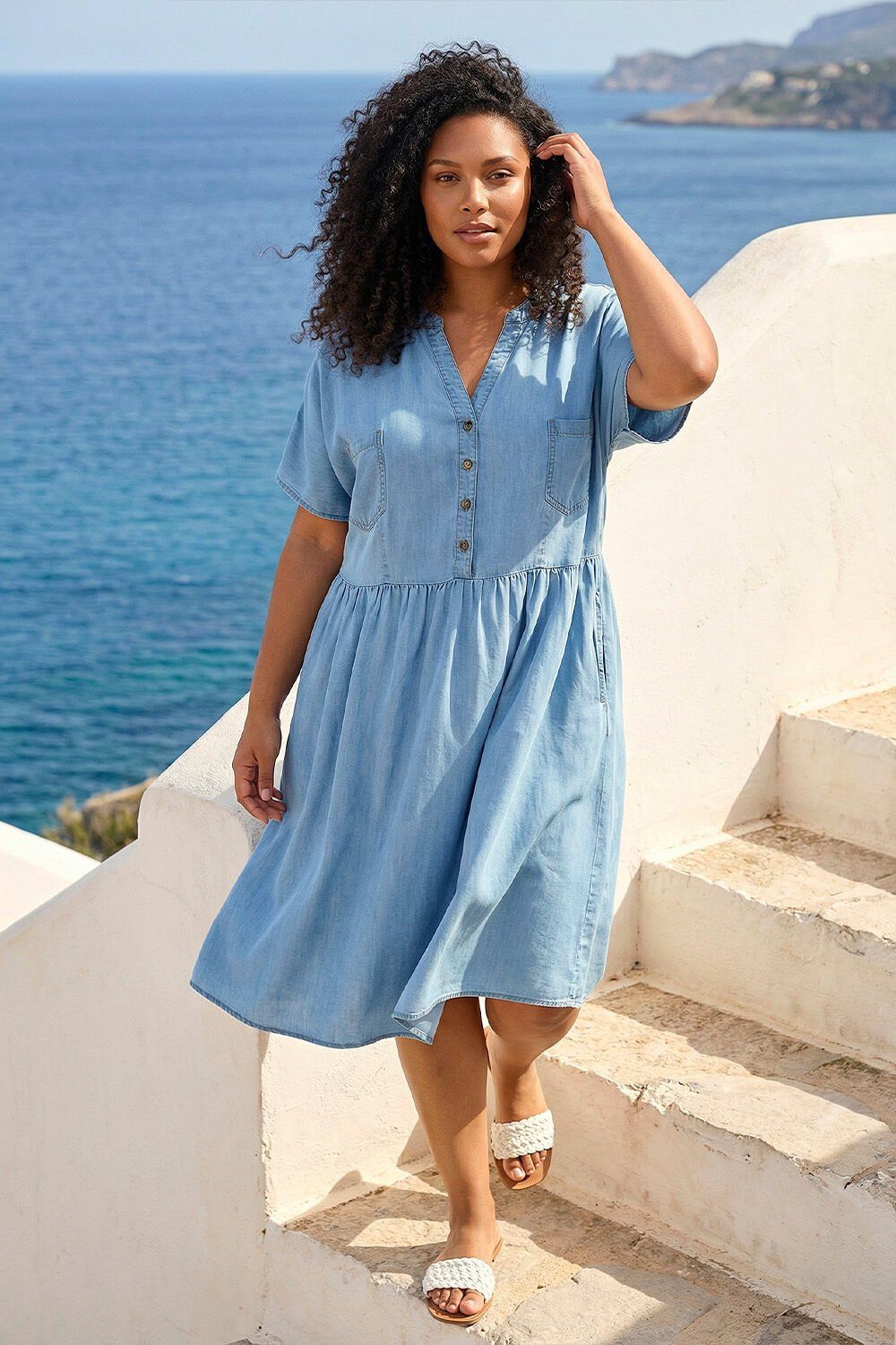 Roman Curve Button Detail Shirt Dress