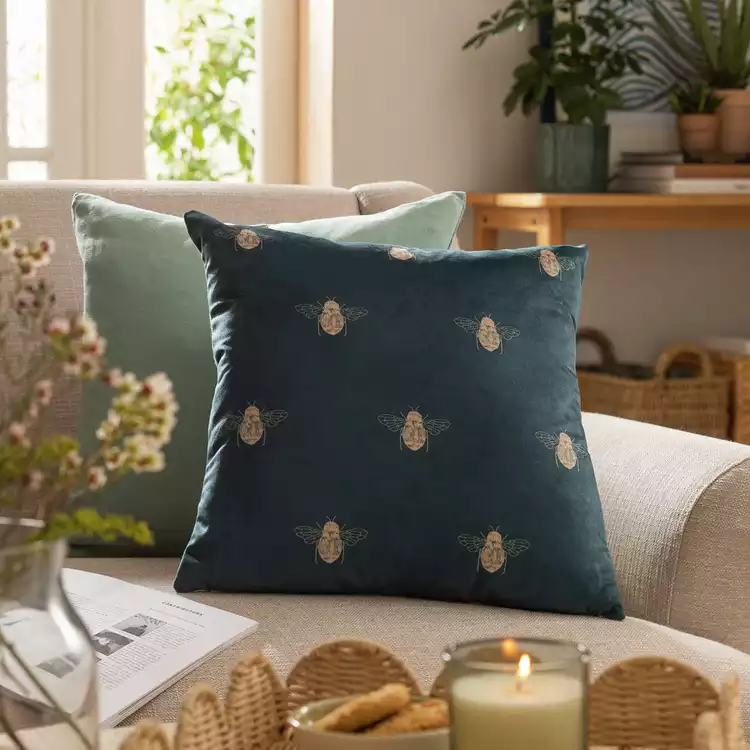Habitat Gold Bee Printed Cushion - Teal - 43x43cm