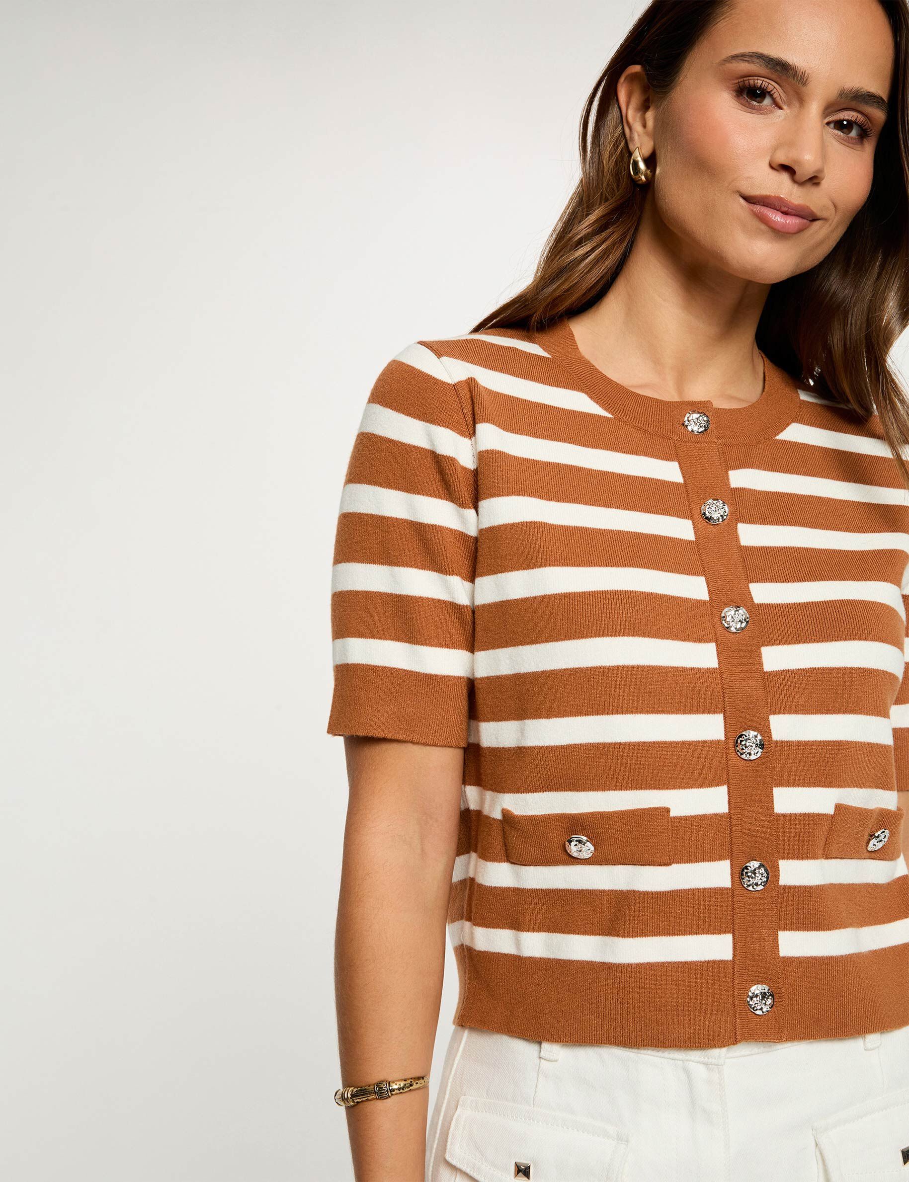 Striped Short-Sleeve Cardigan Camel Women