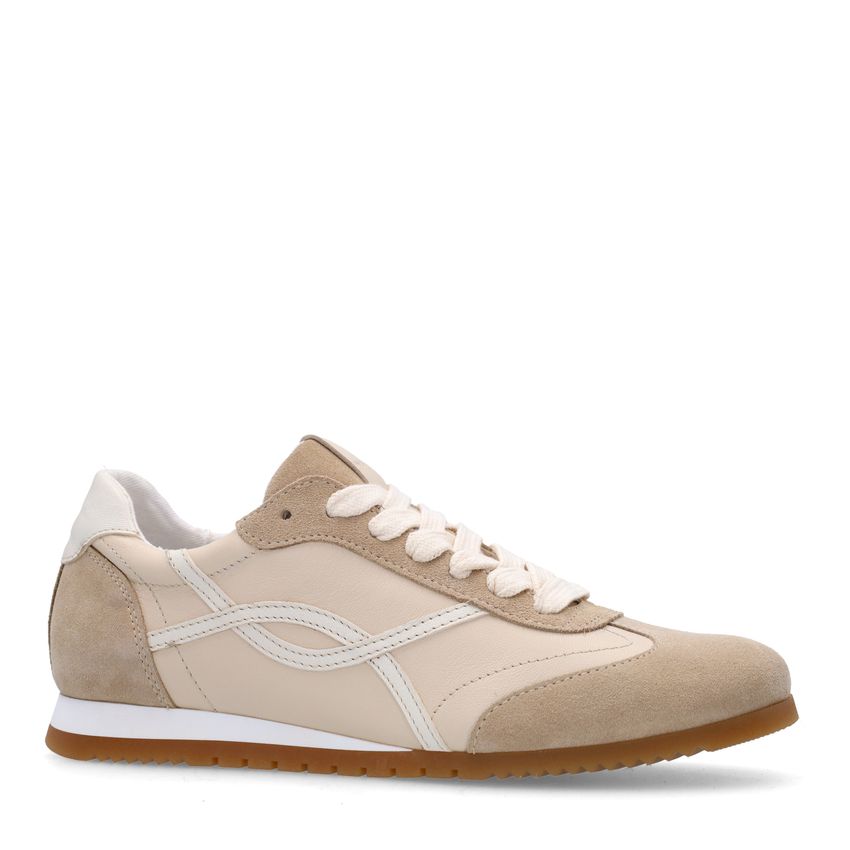 Manfield Witte crème leren sneakers met beige su&eacute;de details