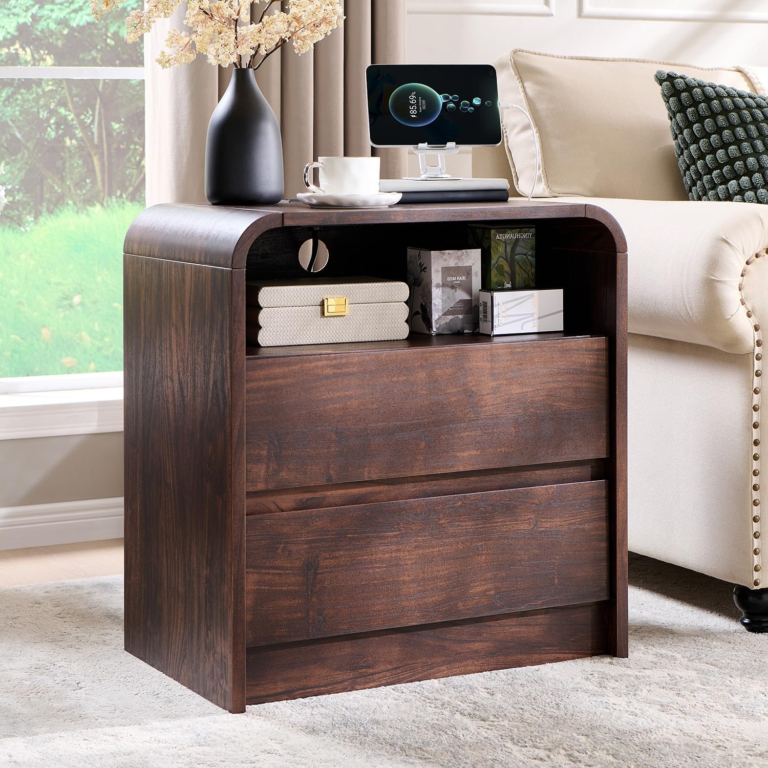 25 Tall Modern Nightstand Set of 2, 23.6'' Wide Wood Bedside Table w/2 Storage Drawers, Charging Station,Mid Century End Table for Bedroom, Living Room, Curved Profile Design, Brown