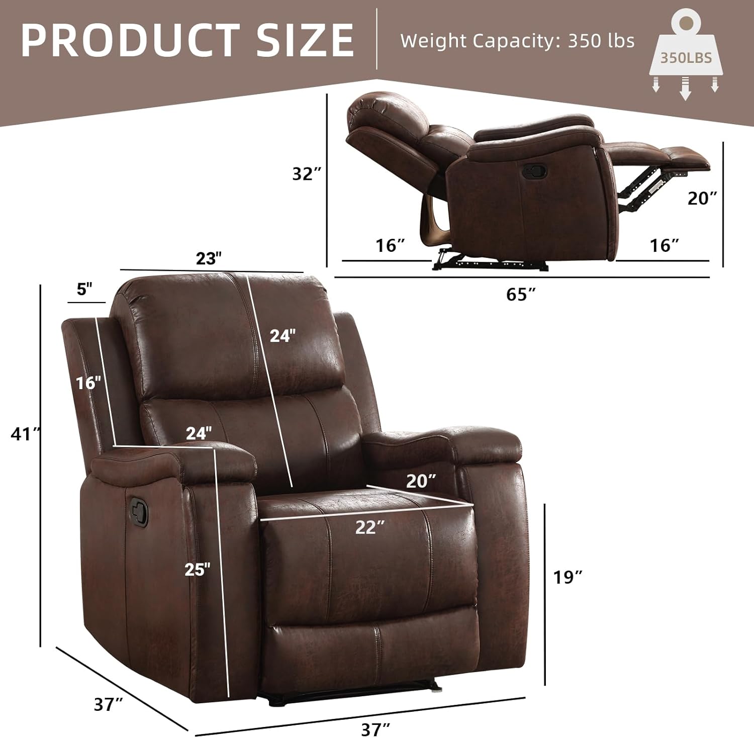 Leather Recliner Chair, Manual Recliner Chair for Adults with Overstuffed Arms and Back, Single Sofa Recliner with Cup Holders for Living Room (1, Red Brown)