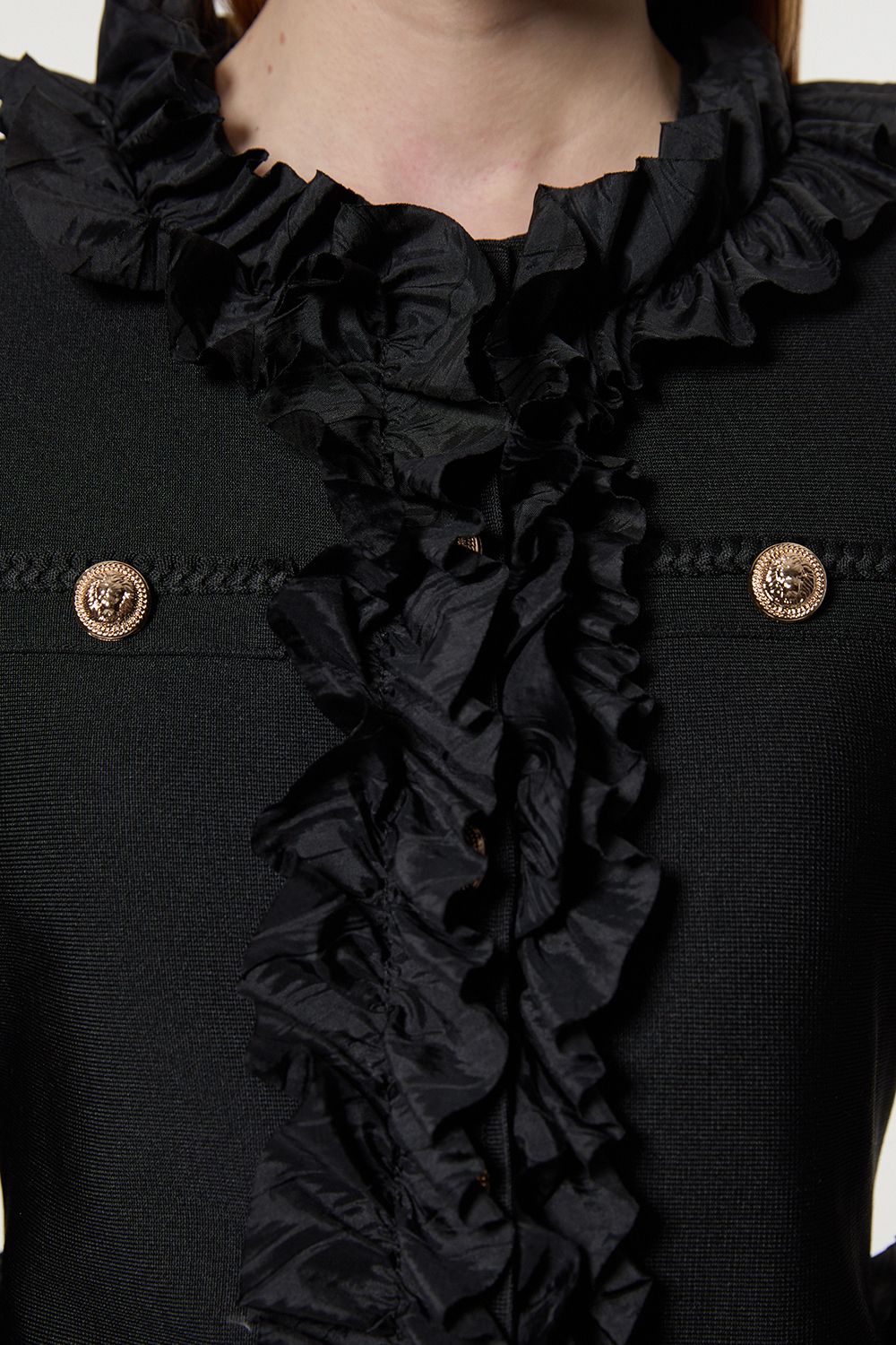 KarenMillen Figure Form Bandage Knit Jacket With Woven Ruffle Trim