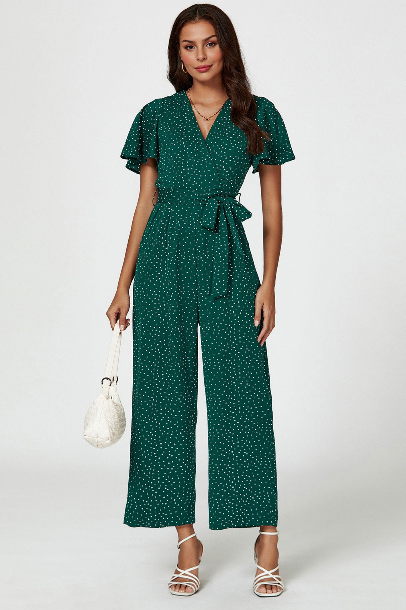 FS Collection Dot Print Wrap Top Jumpsuit In Green