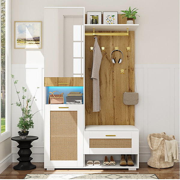 Meuble d'entrée 110 cm avec miroir, éclairage LED 16 couleurs et banc intégré en bois clair et blanc