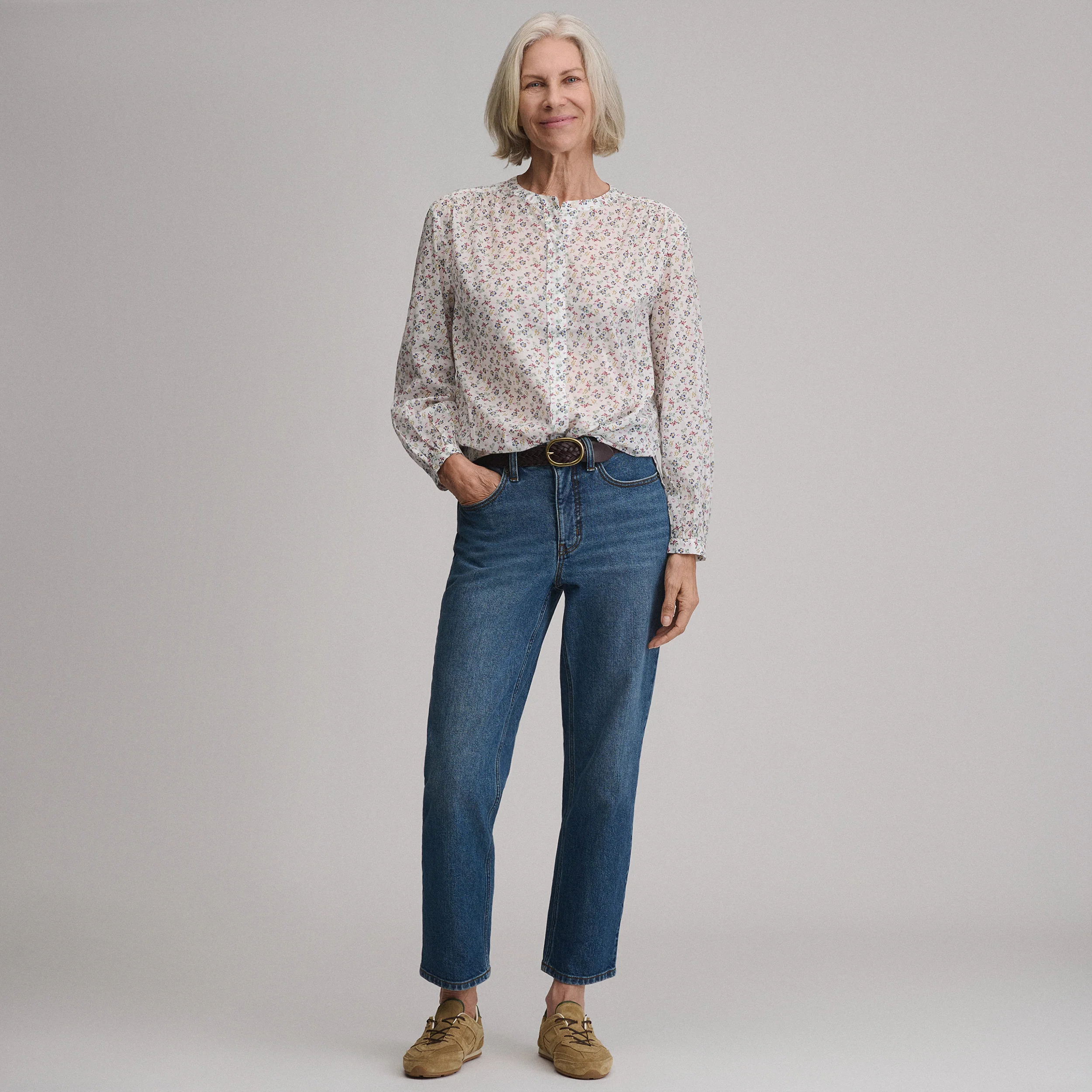 Women's Long-Sleeve Collarless Button-Down Shirt