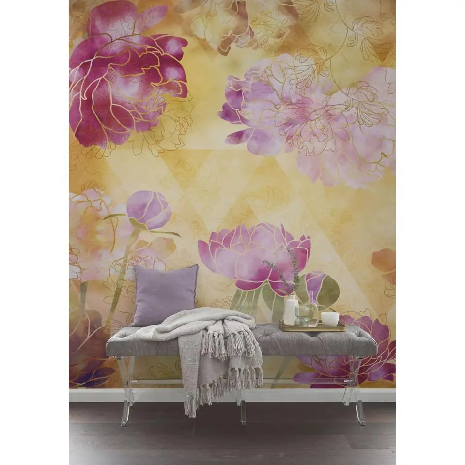 Sanders & Sanders fotobehang bloemen roze, geel en goud - 400 x 250 cm