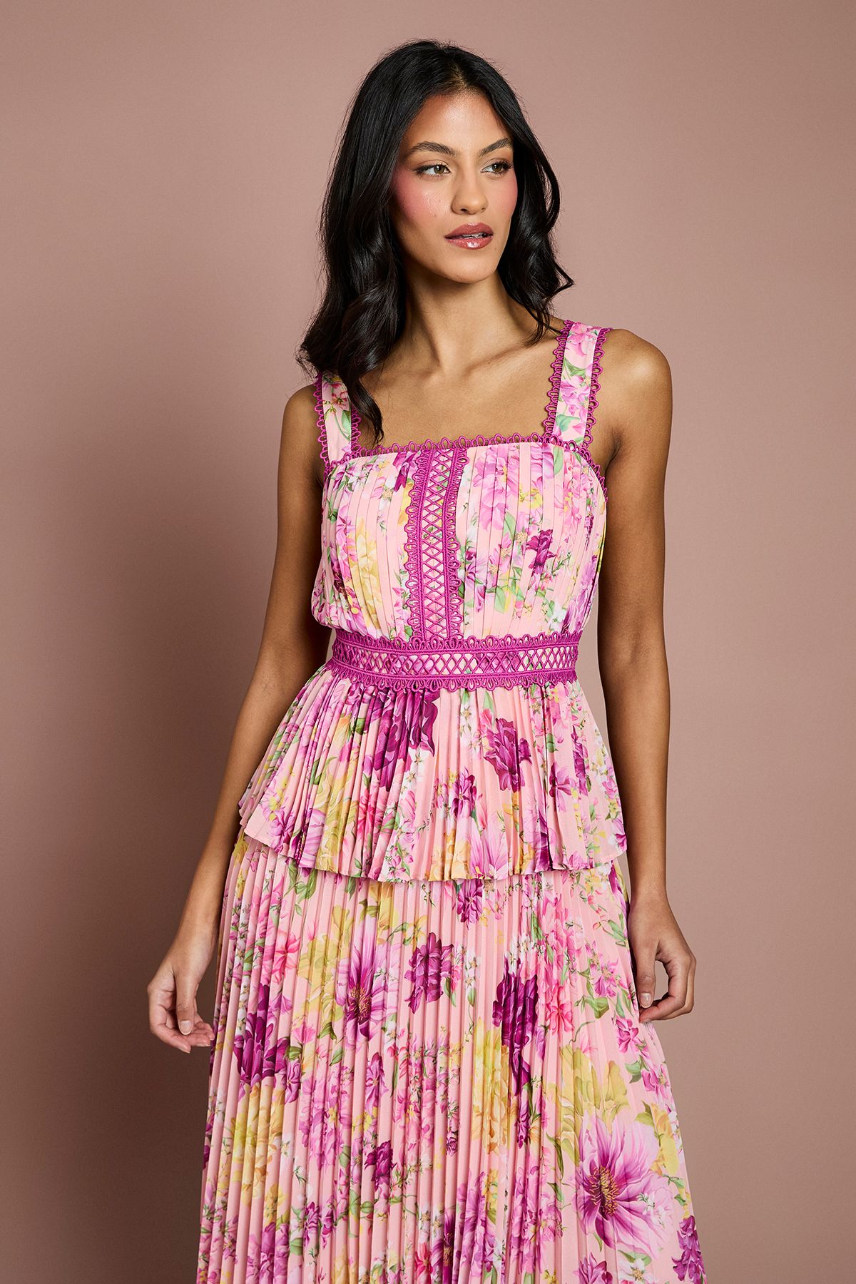 Coast Petite Printed Lace Trim Pleated Midi Dress