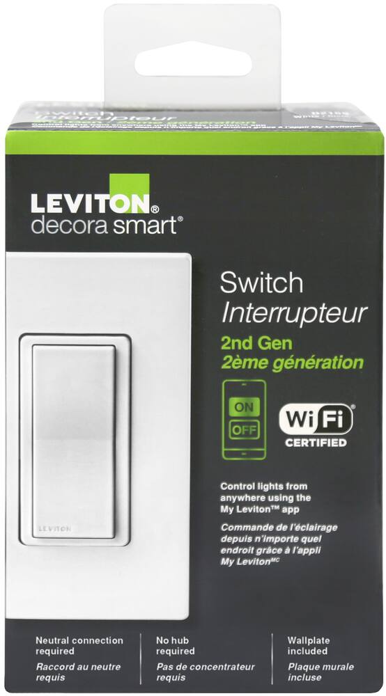 Leviton D215S-742 Decora Smart Wi-Fi Switch, 2nd Gen, 15A, 120V, White, No Hub Required