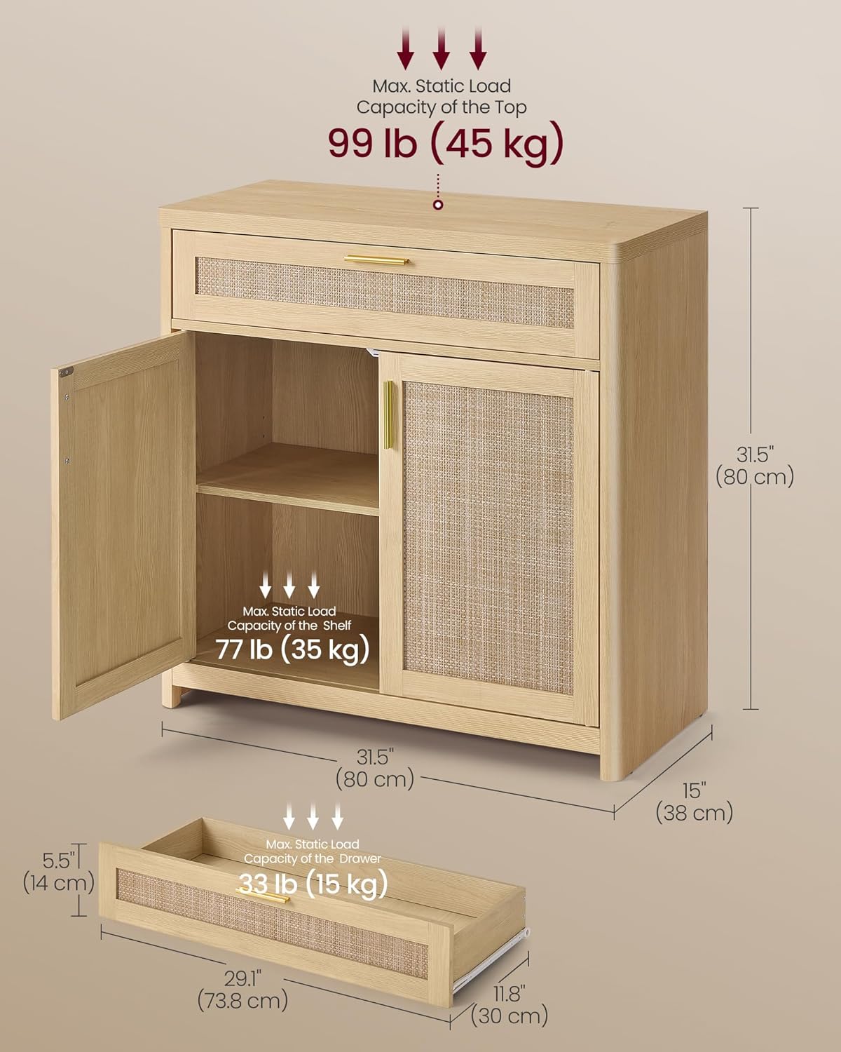 VASAGLE ELLAN Collection - Boho Buffet Cabinet with Rattan-Look Doors, Sideboard Storage Cabinet, Rounded Corners, Adjustable Shelf, Drawer, for Kitchen, Oak Beige UBBK601YC01