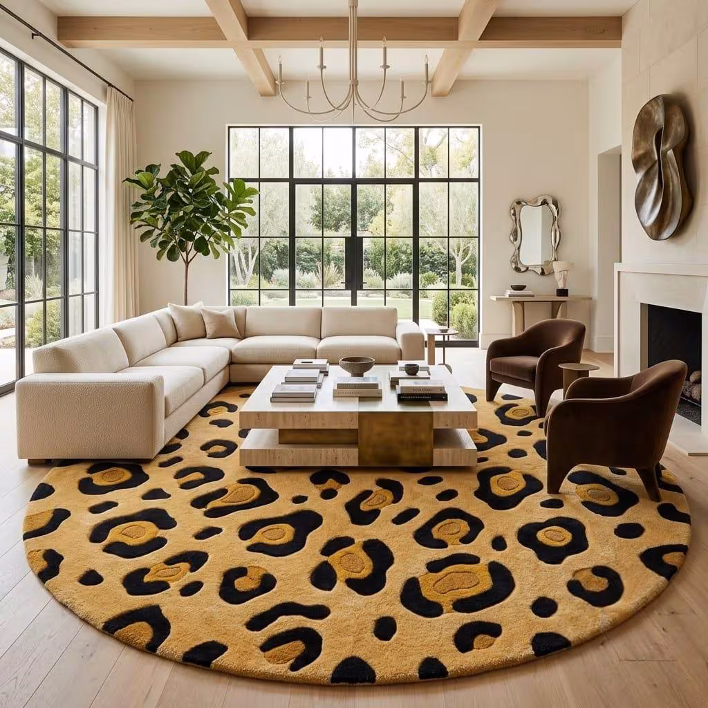 Leopard Print Area Rug, Black & Mustard Handmade Tufted Wool Rug, Organic Modern Living Room Rug, Plush Statement Carpet